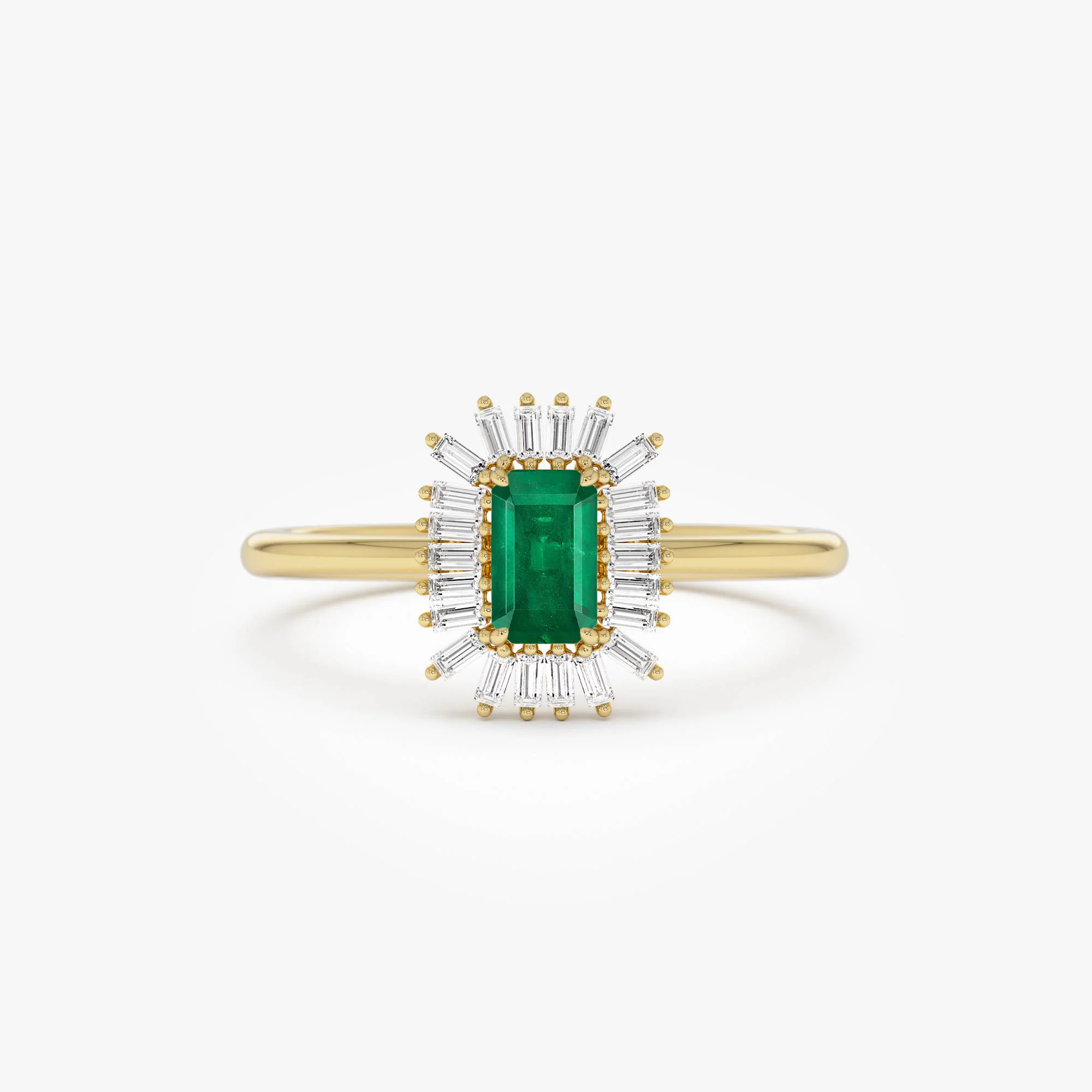 14k Emerald Cut Emerald Ring with Baguette Diamond Halo