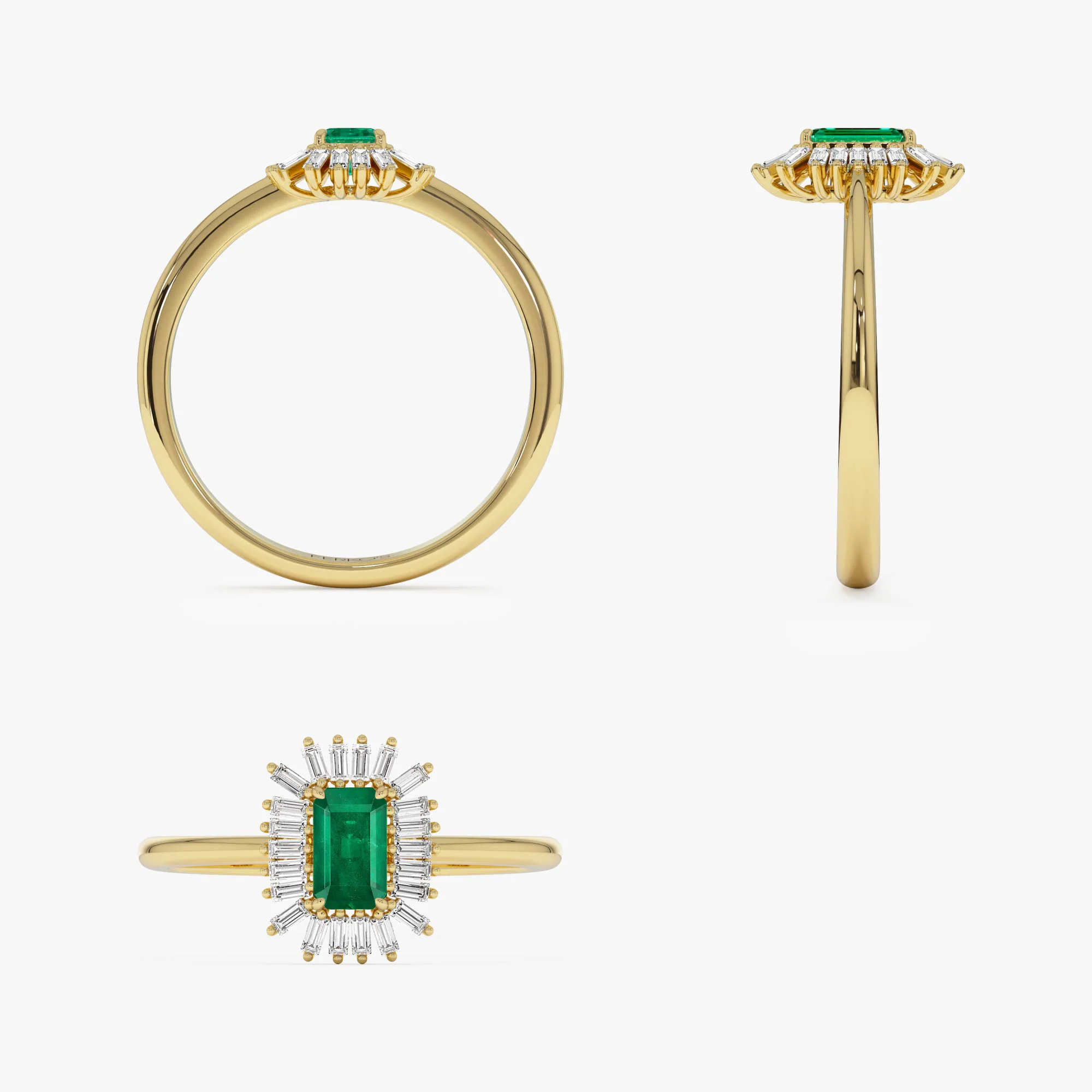 14k Emerald Cut Emerald Ring with Baguette Diamond Halo - Image 10