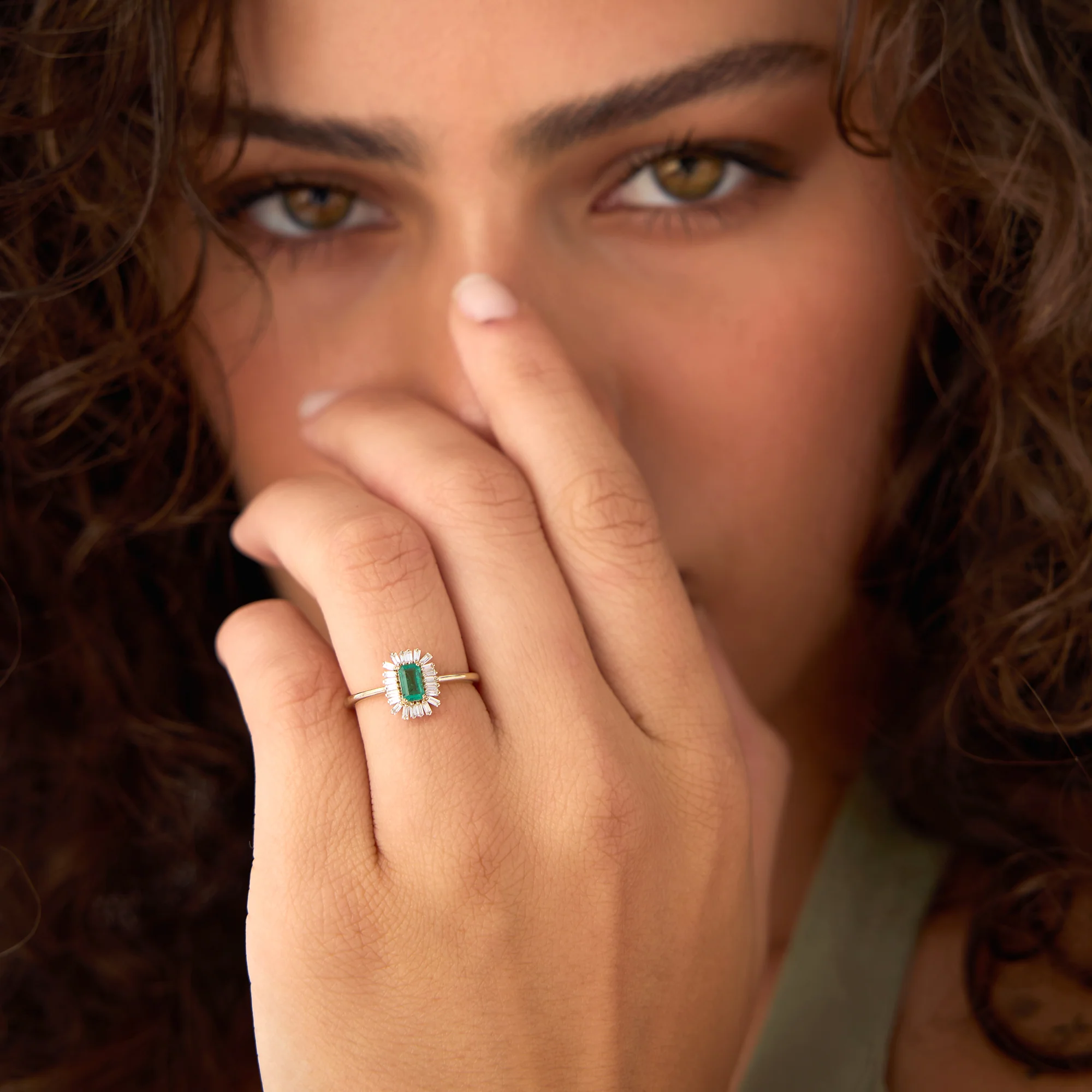 14k Emerald Cut Emerald Ring with Baguette Diamond Halo - Image 5