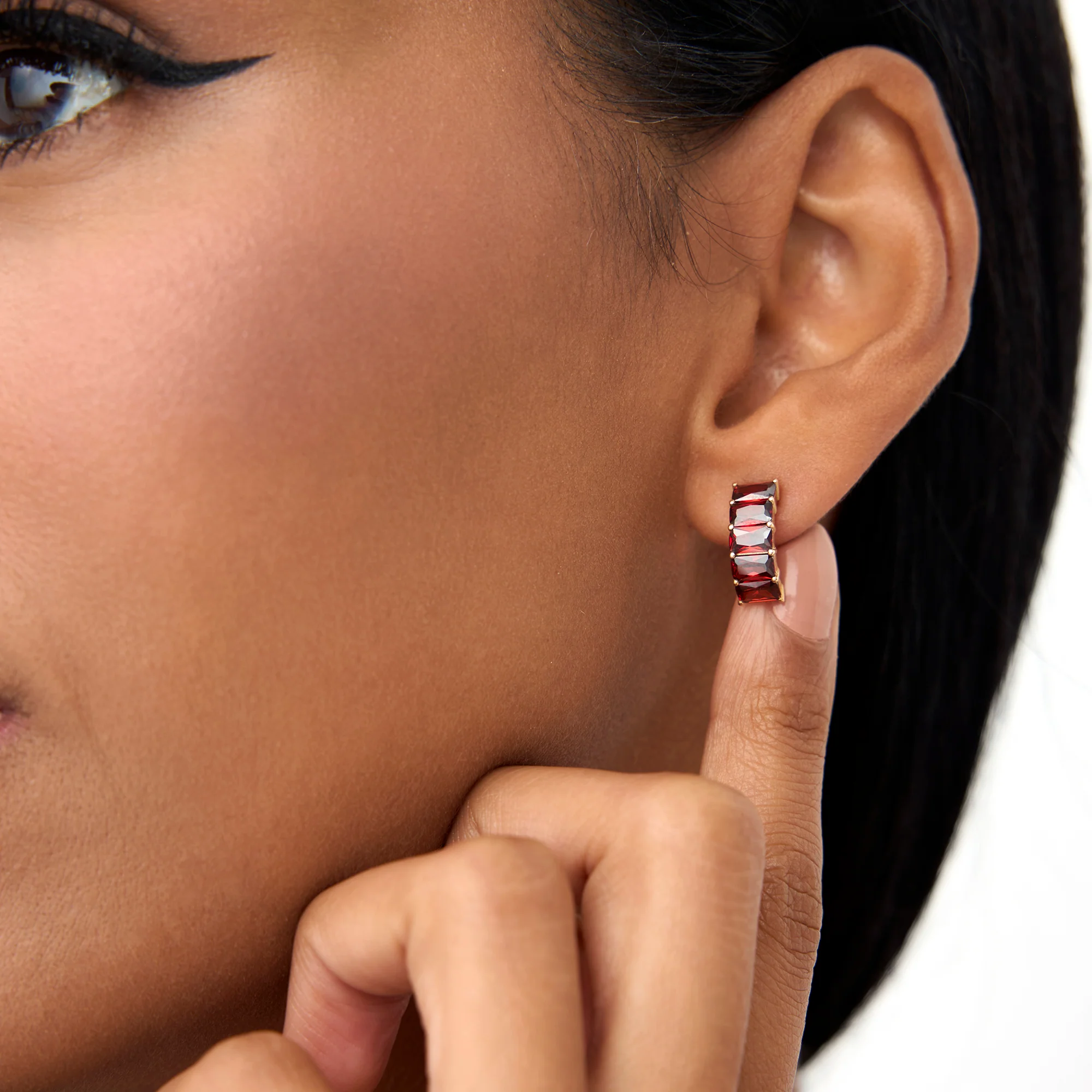 14K Emerald Cut Garnet Half Hoop Earrings - Image 2