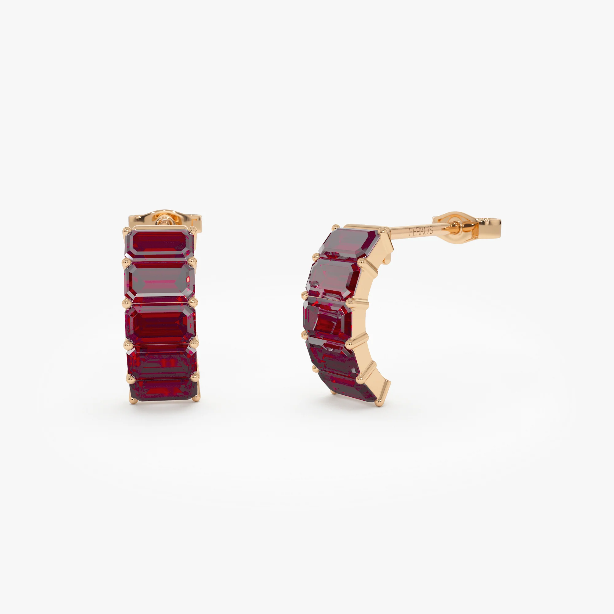 14K Emerald Cut Garnet Half Hoop Earrings - Image 3