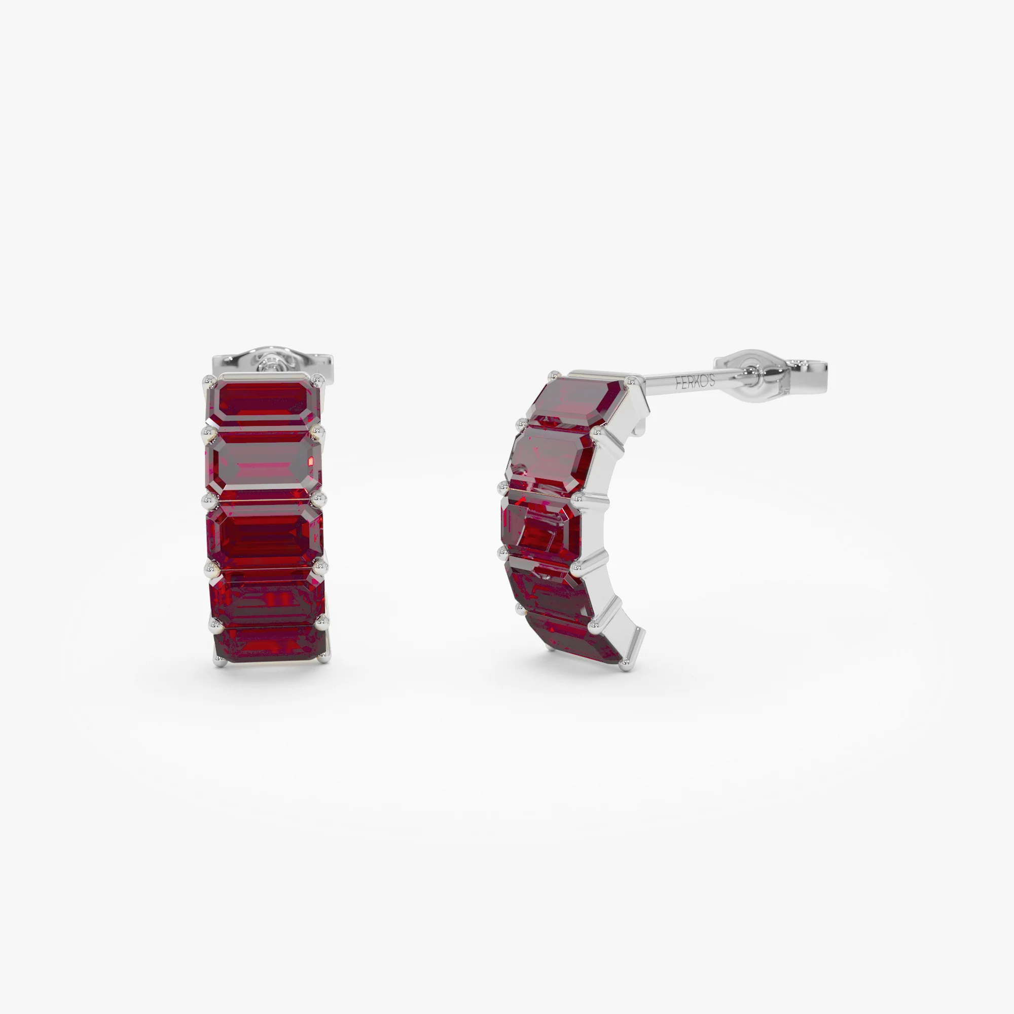 14K Emerald Cut Garnet Half Hoop Earrings - Image 4