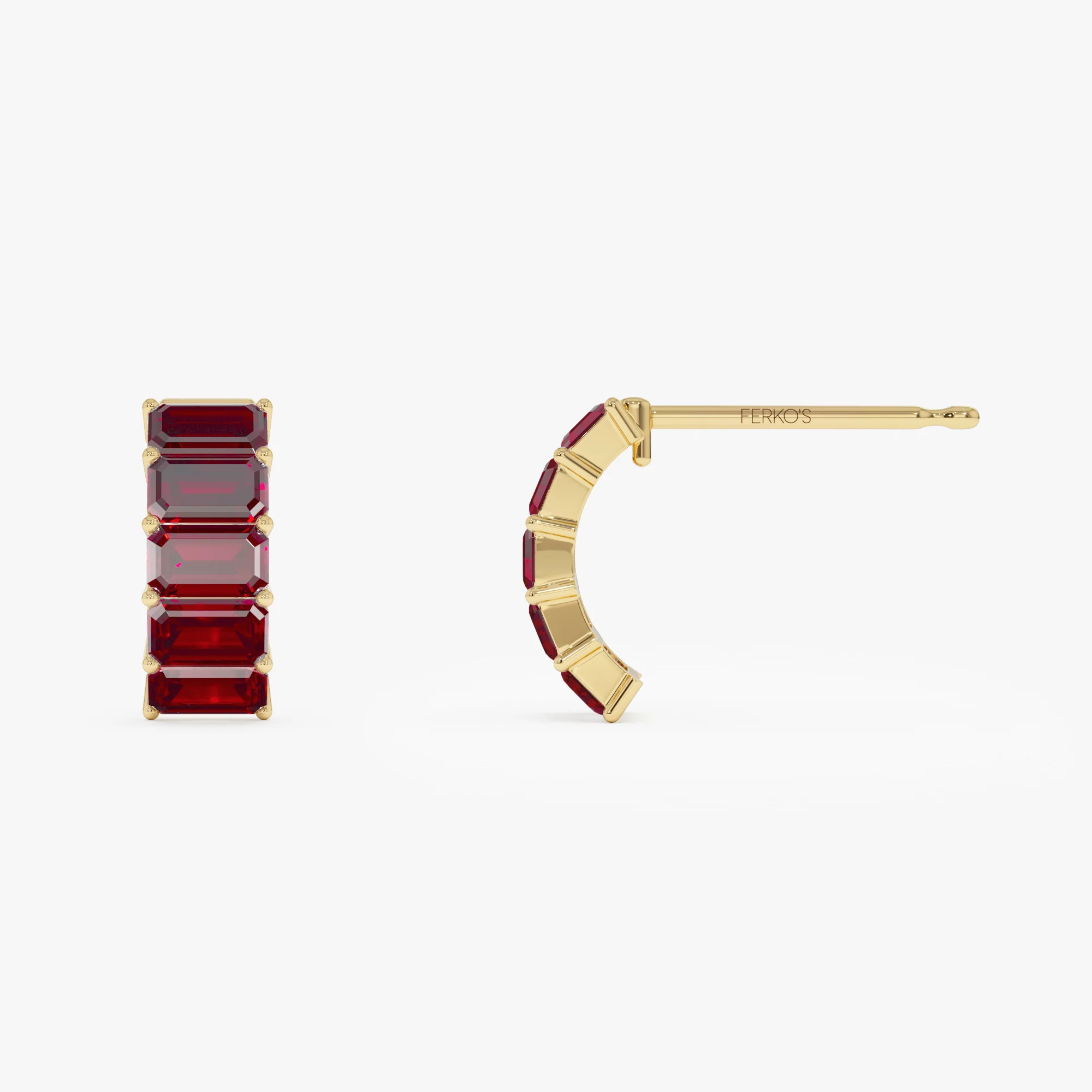14K Emerald Cut Garnet Half Hoop Earrings - Image 5