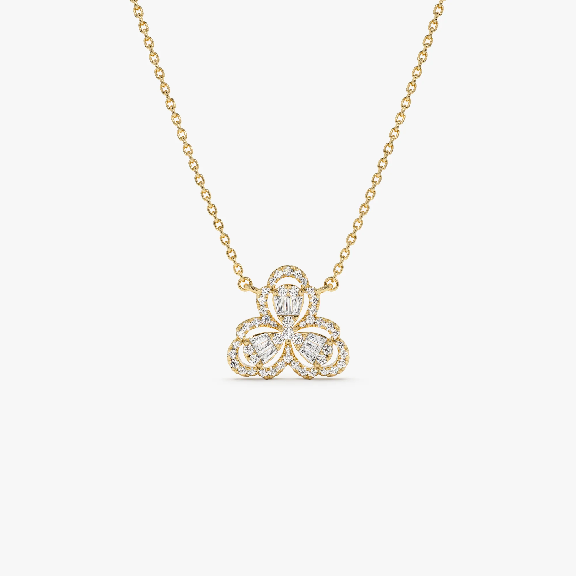 14K Gold Clover Baguette Diamond Necklace