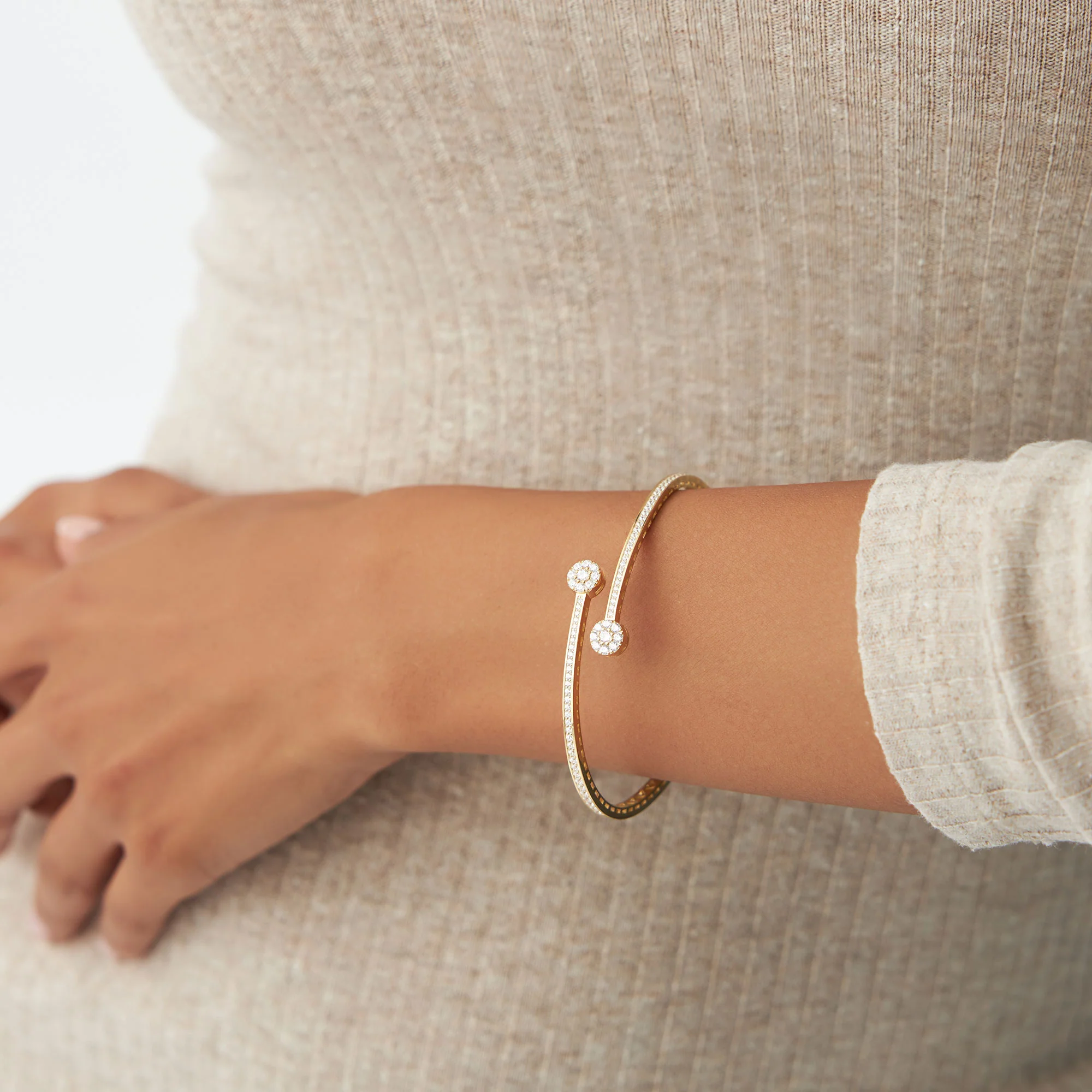 14k Gold Cross Over Diamond Bangle Bracelet - Image 2
