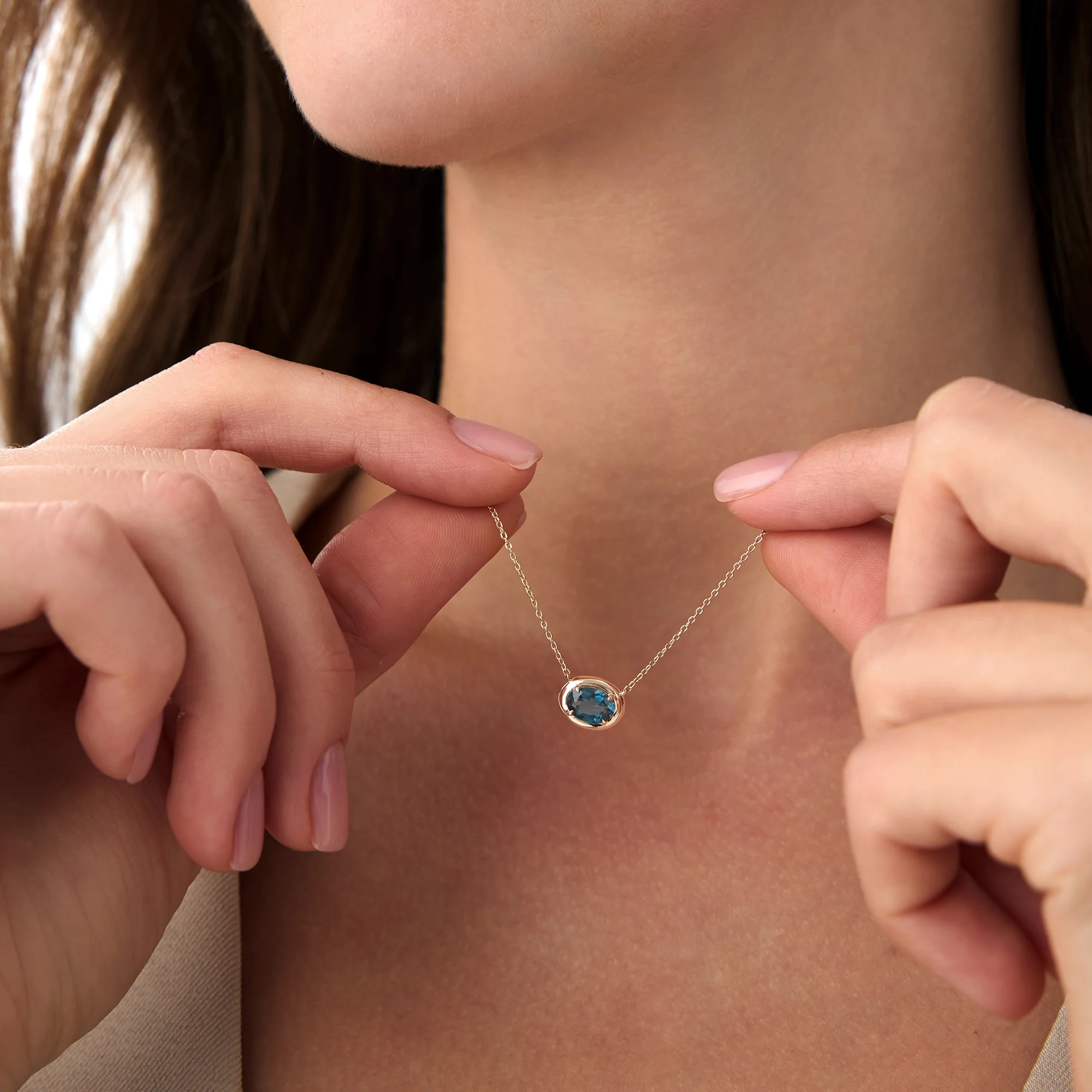 14K Prong Setting Oval Shaped London Blue Topaz Necklace - Image 2