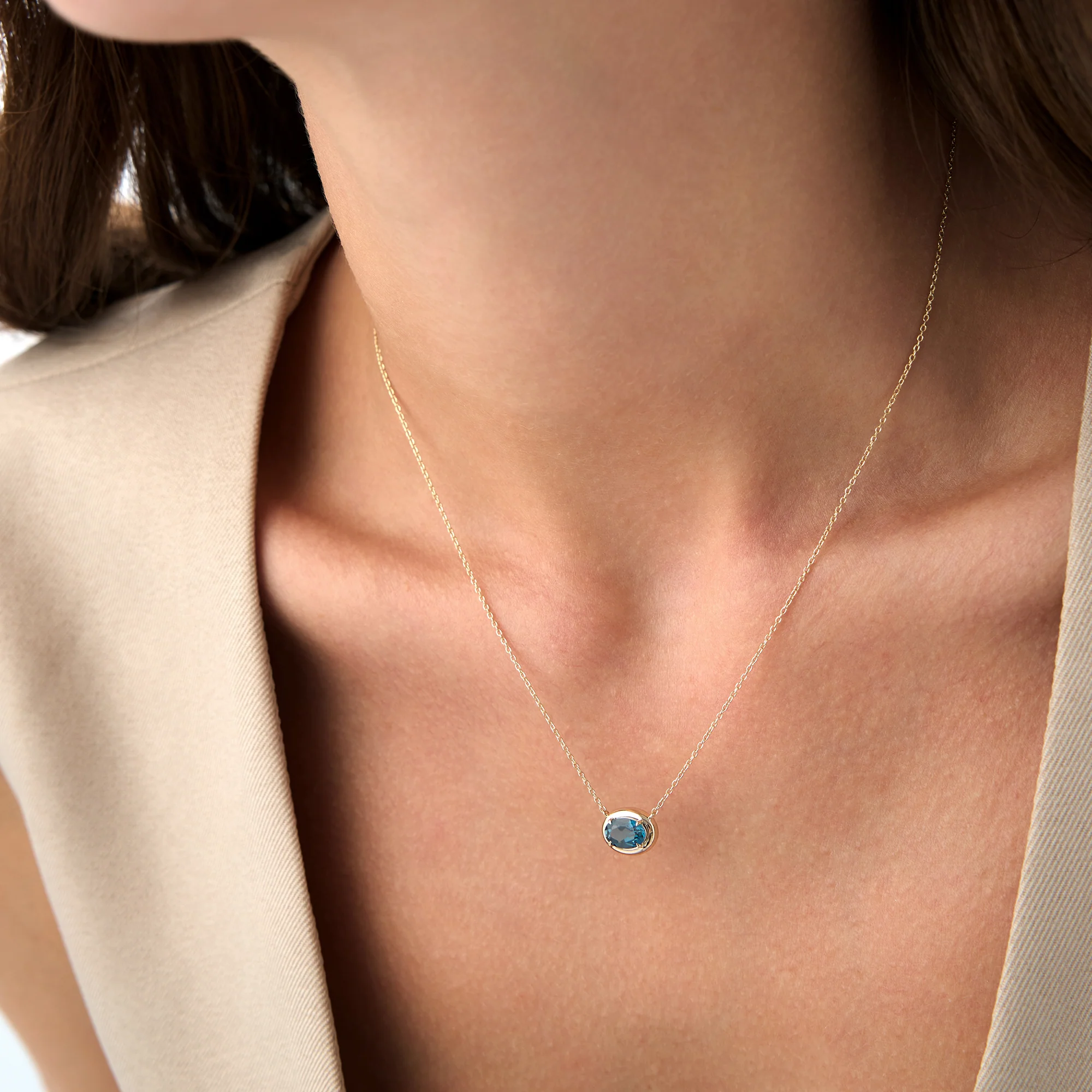 14K Prong Setting Oval Shaped London Blue Topaz Necklace - Image 3