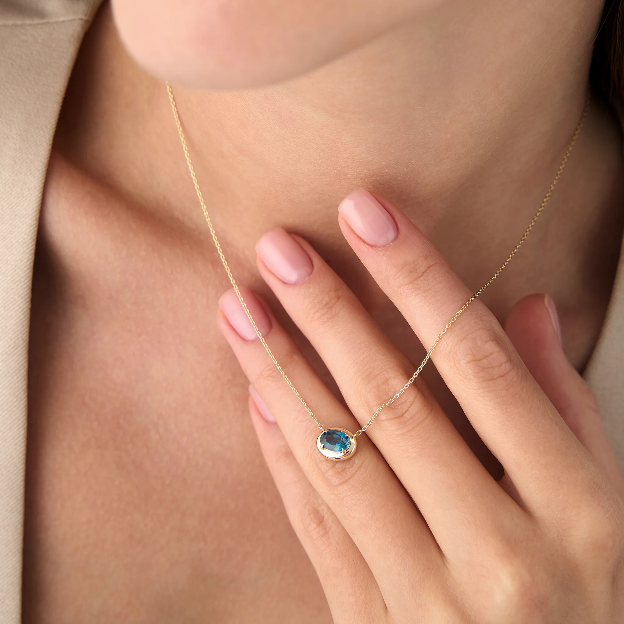 14K Prong Setting Oval Shaped London Blue Topaz Necklace - Image 4