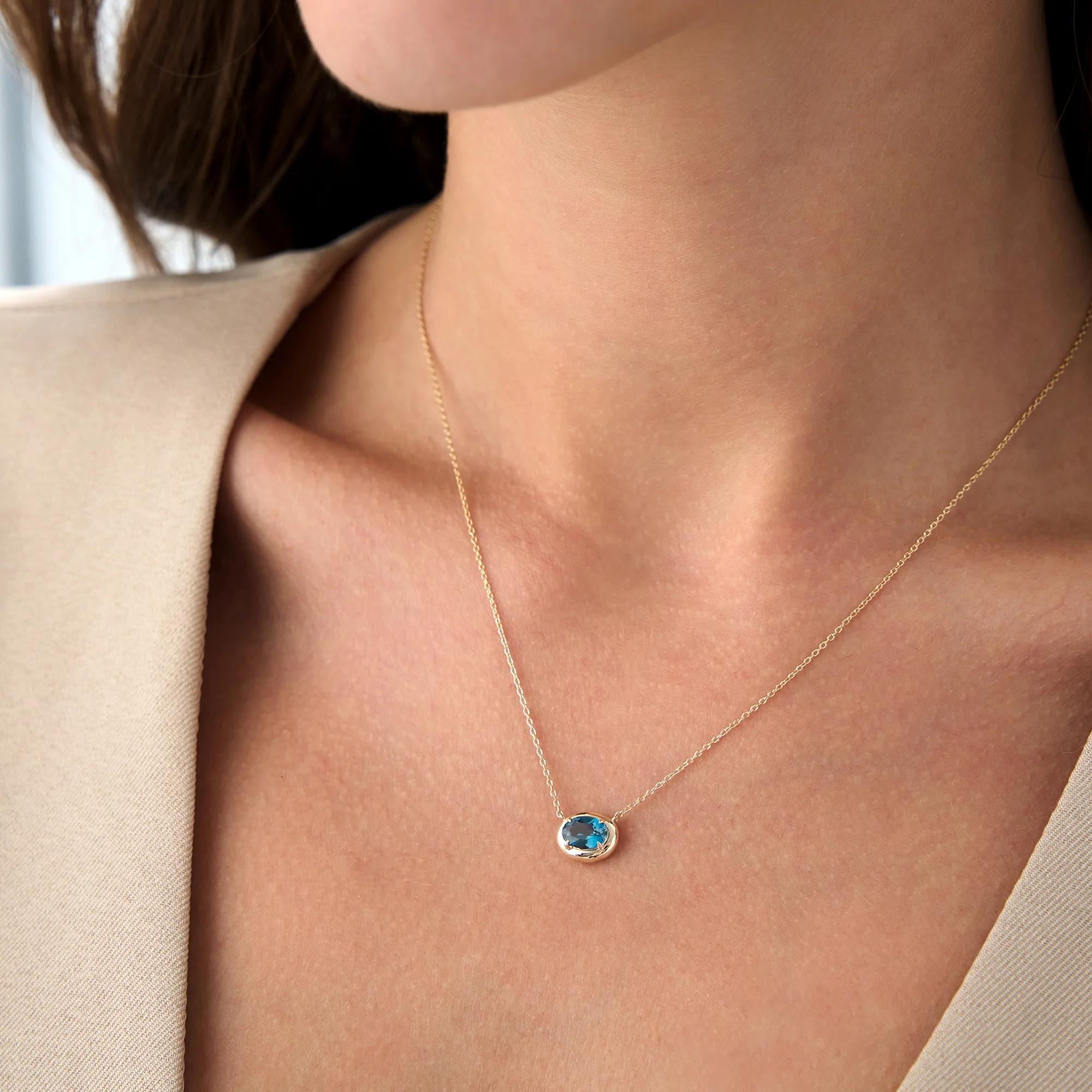 14K Prong Setting Oval Shaped London Blue Topaz Necklace - Image 5