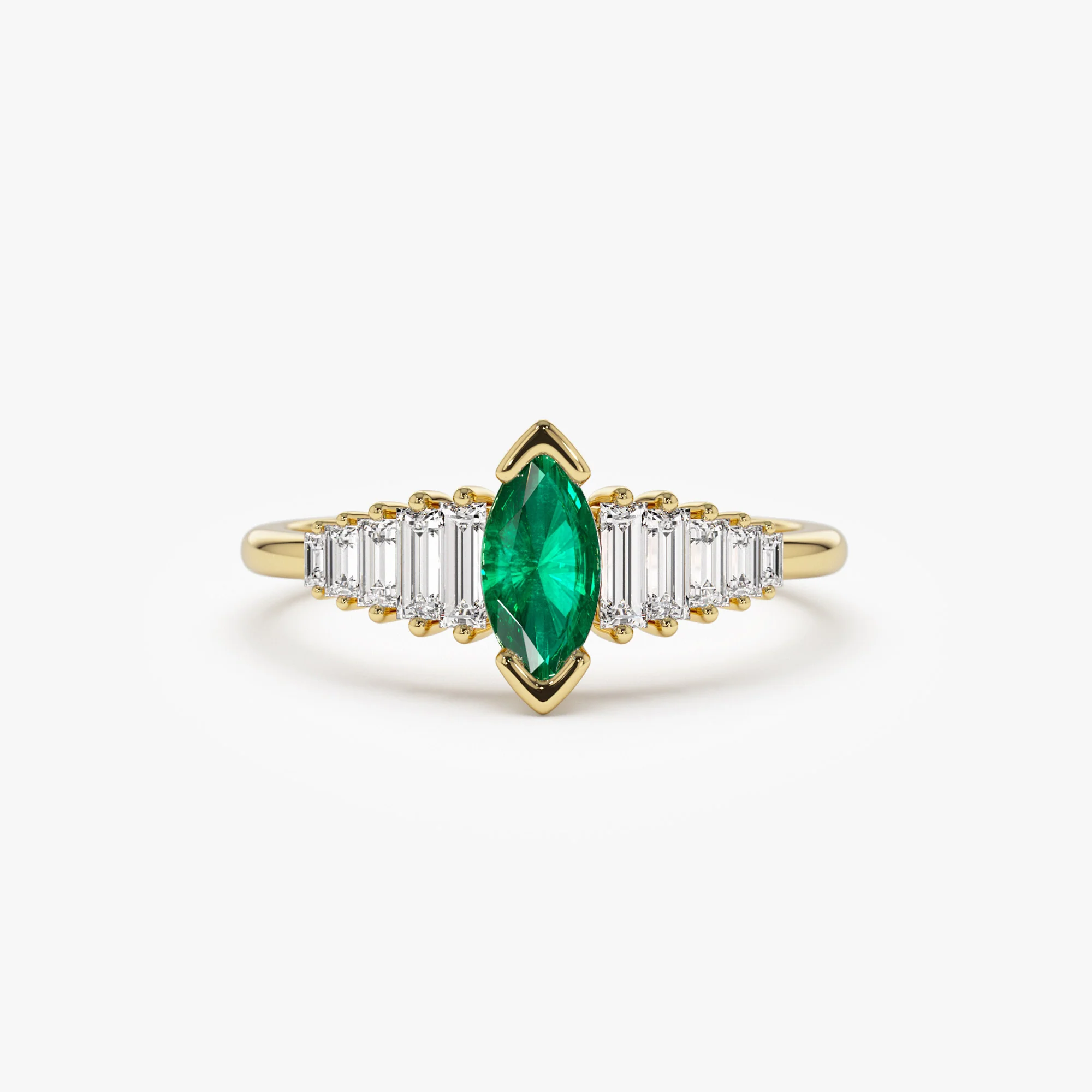 14k Gold Marquise Shape Emerald Ring with Baguette Accents
