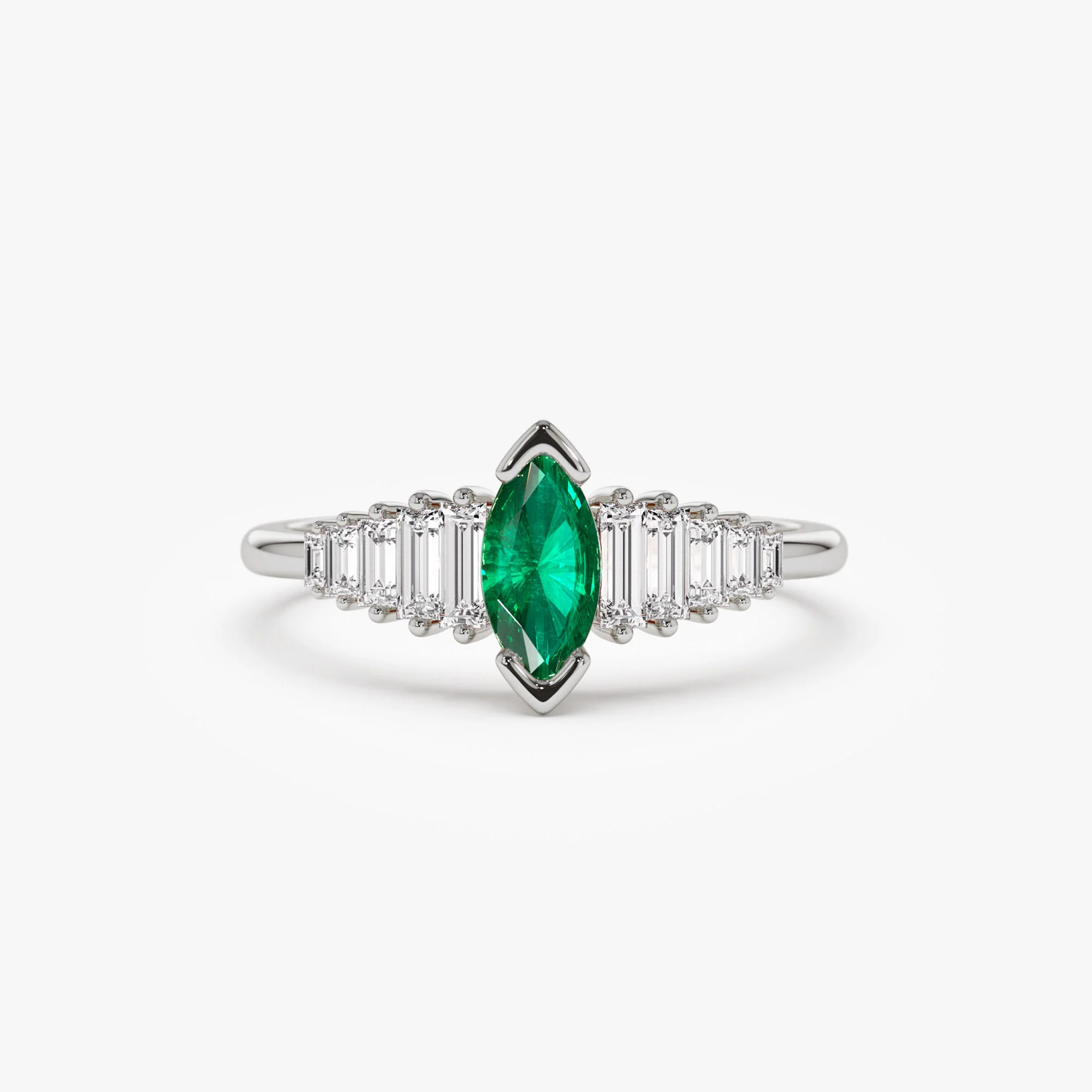 14k Gold Marquise Shape Emerald Ring with Baguette Accents - Image 6
