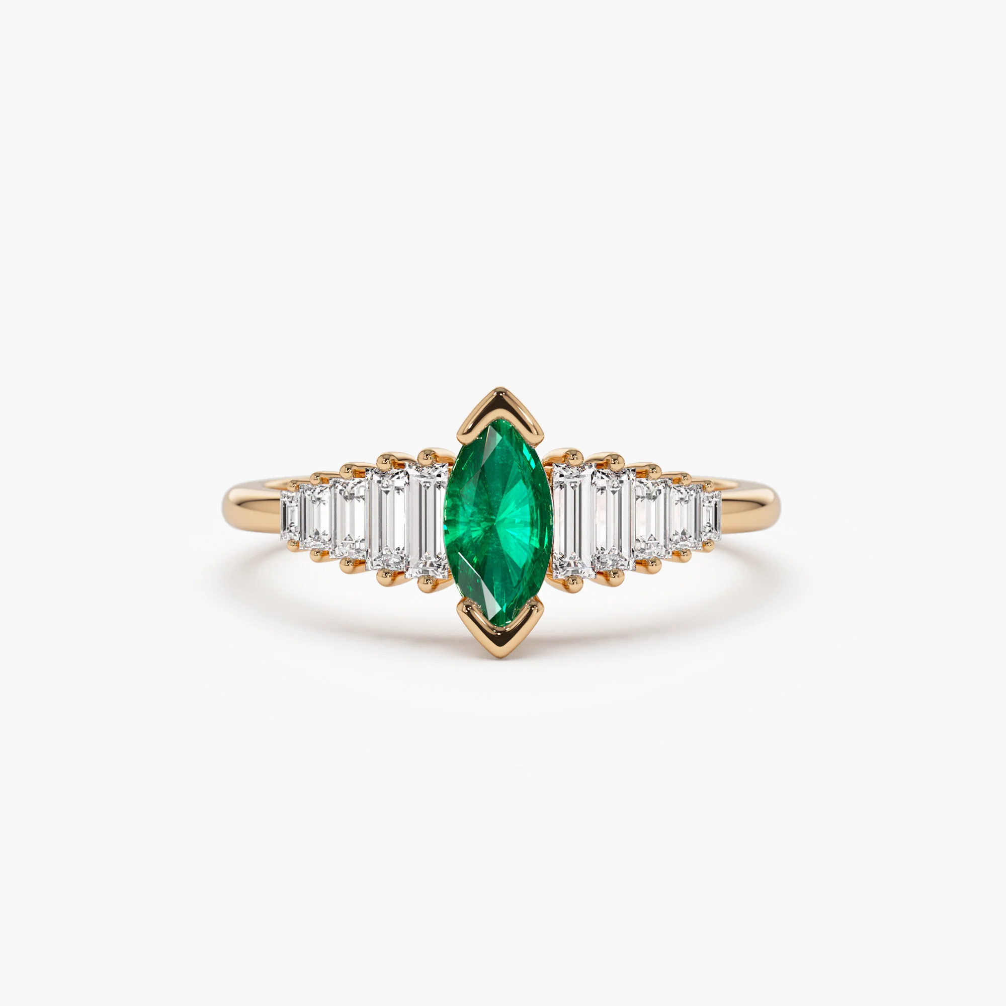 14k Gold Marquise Shape Emerald Ring with Baguette Accents - Image 7