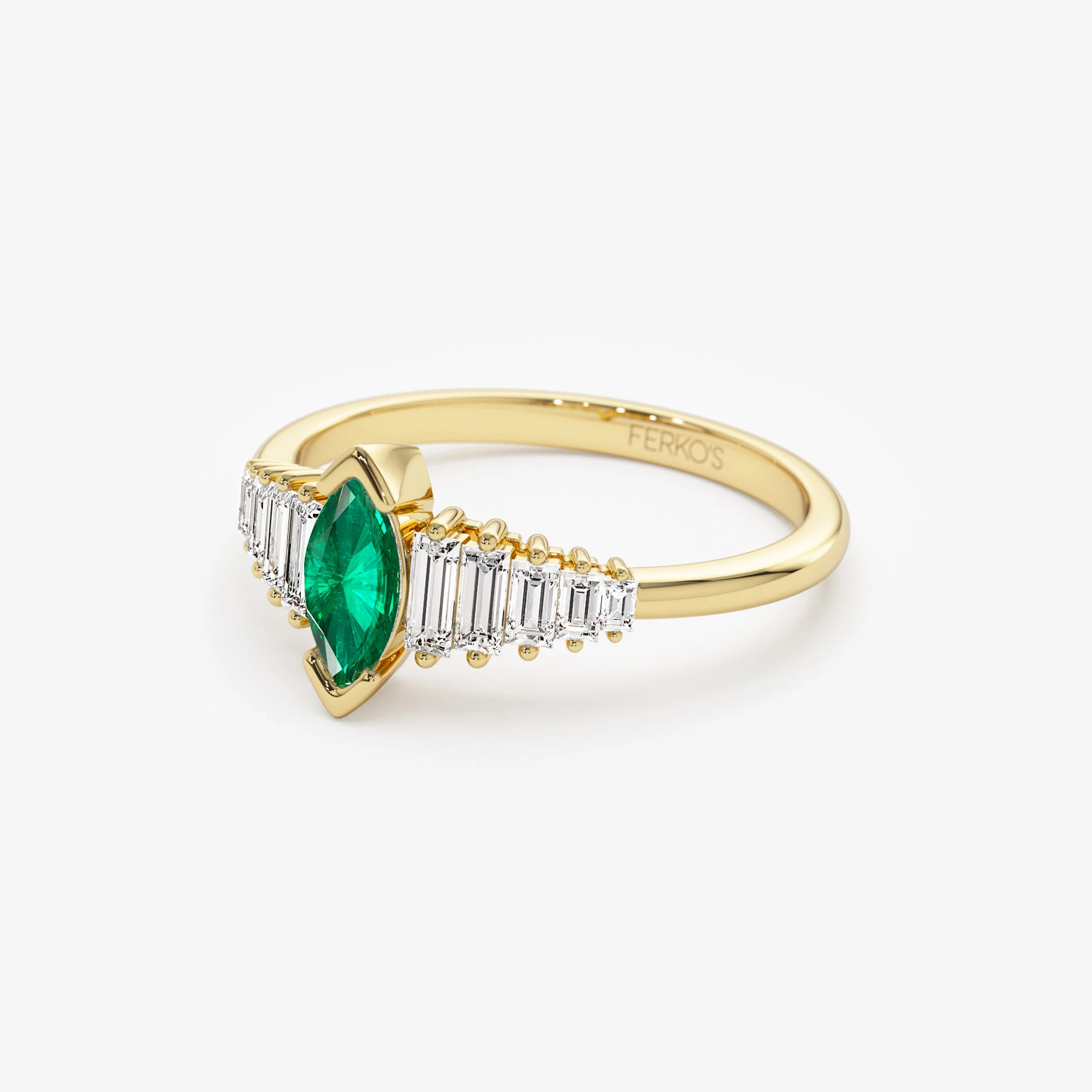 14k Gold Marquise Shape Emerald Ring with Baguette Accents - Image 8