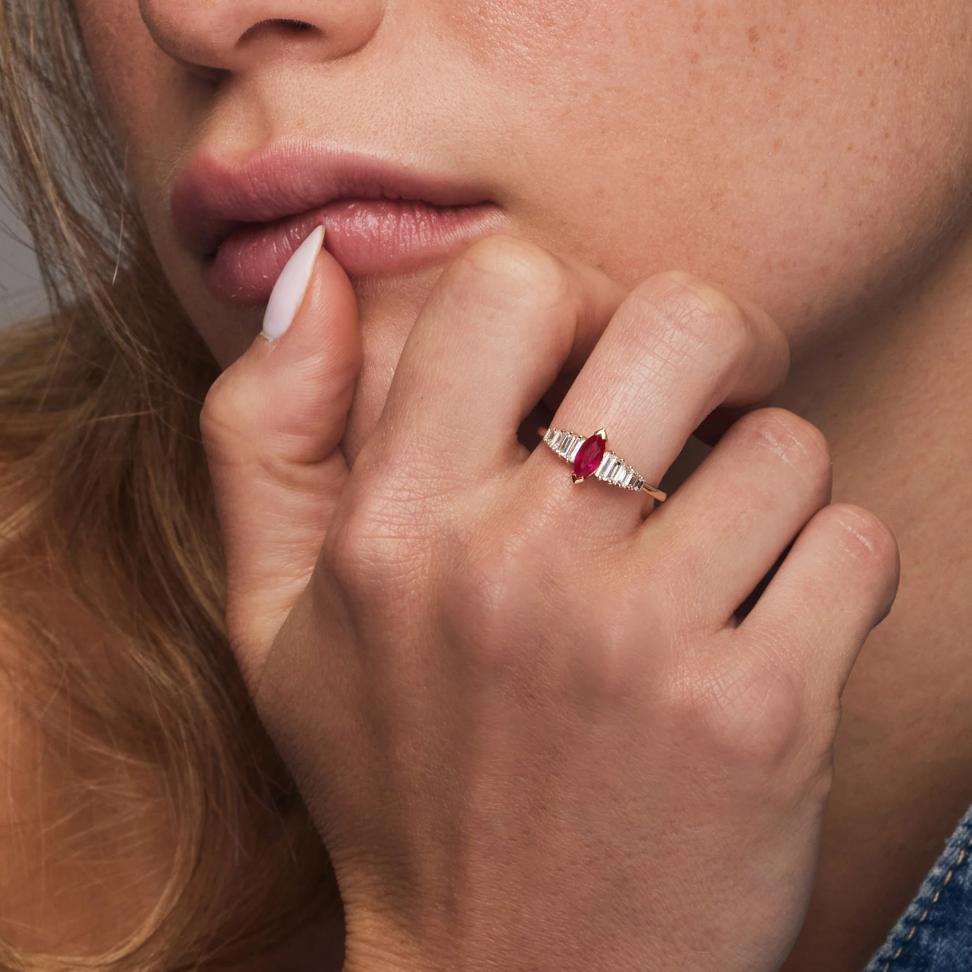 14k Gold Marquise Shape Ruby  Ring with Baguette Accents - Image 2