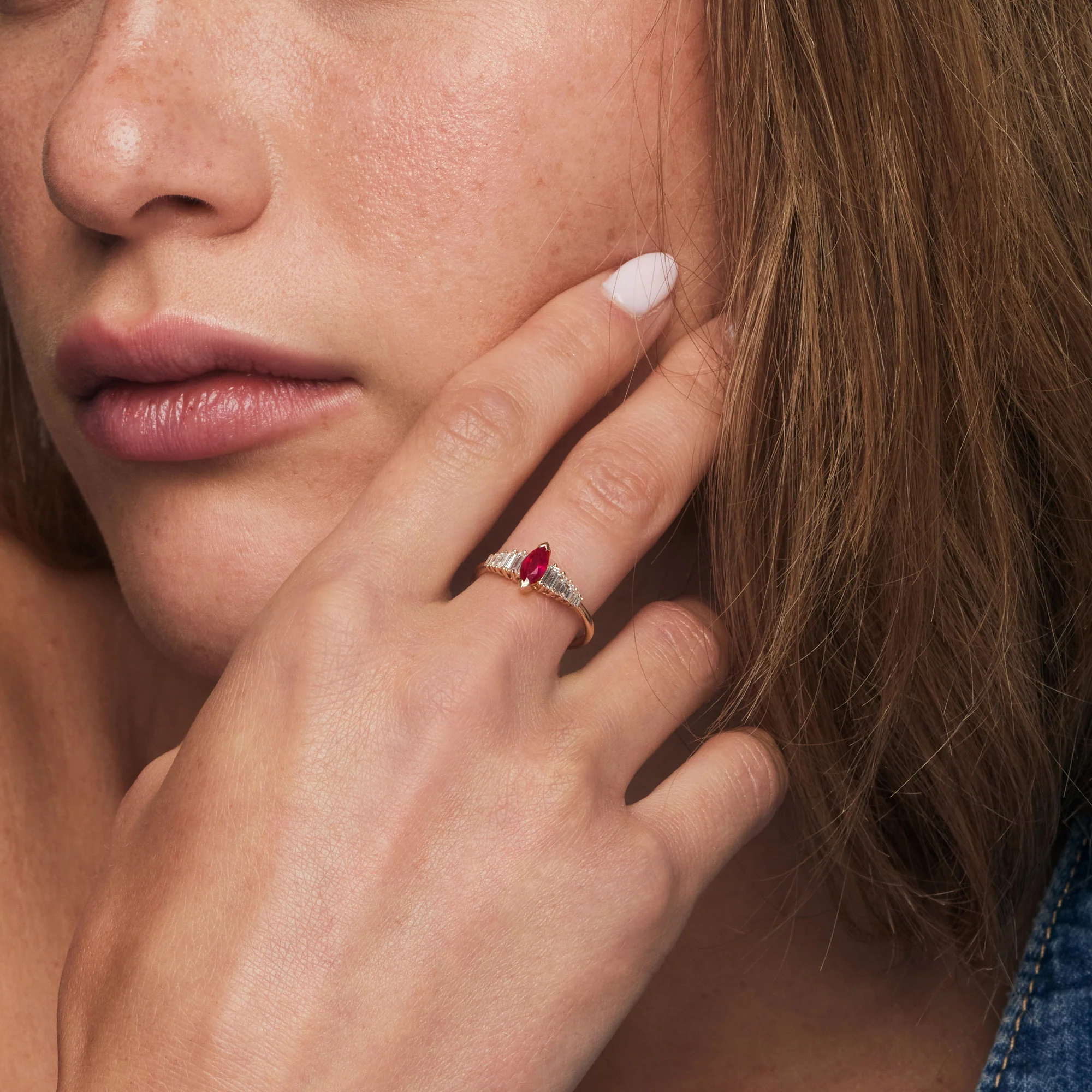 14k Gold Marquise Shape Ruby  Ring with Baguette Accents - Image 3