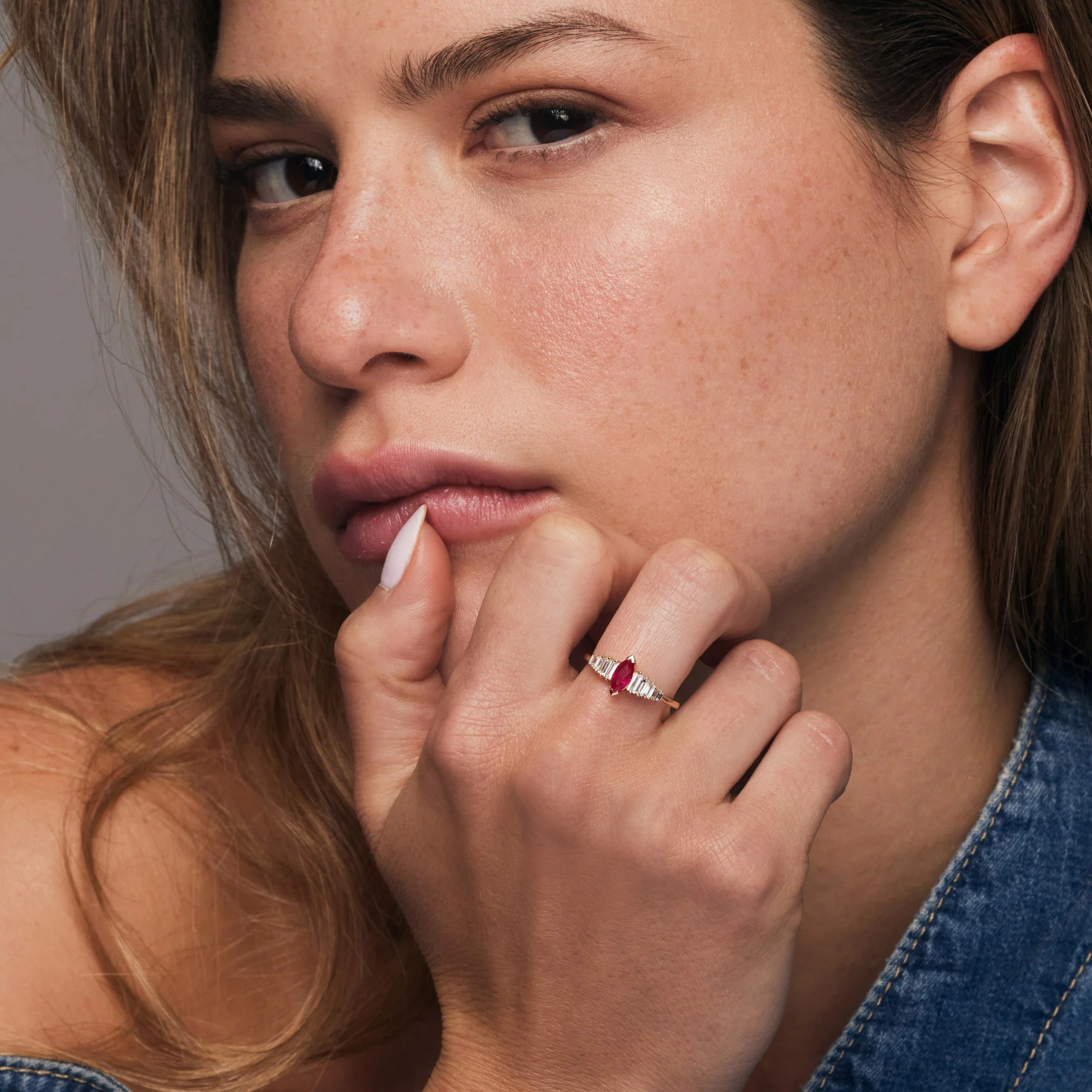 14k Gold Marquise Shape Ruby  Ring with Baguette Accents - Image 4