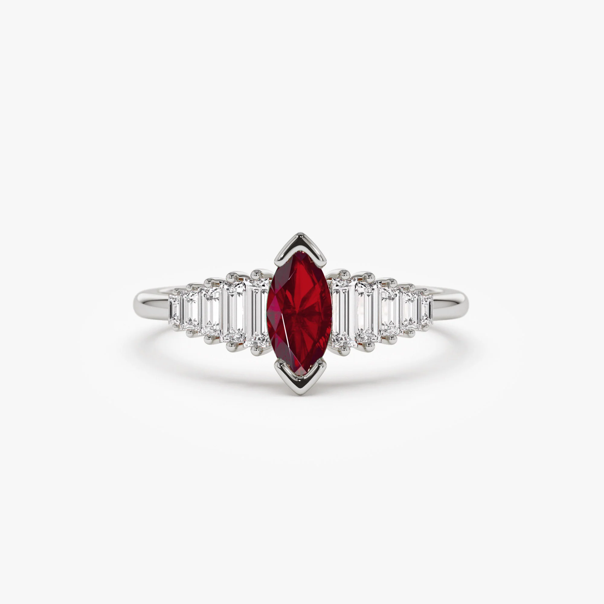 14k Gold Marquise Shape Ruby  Ring with Baguette Accents - Image 5