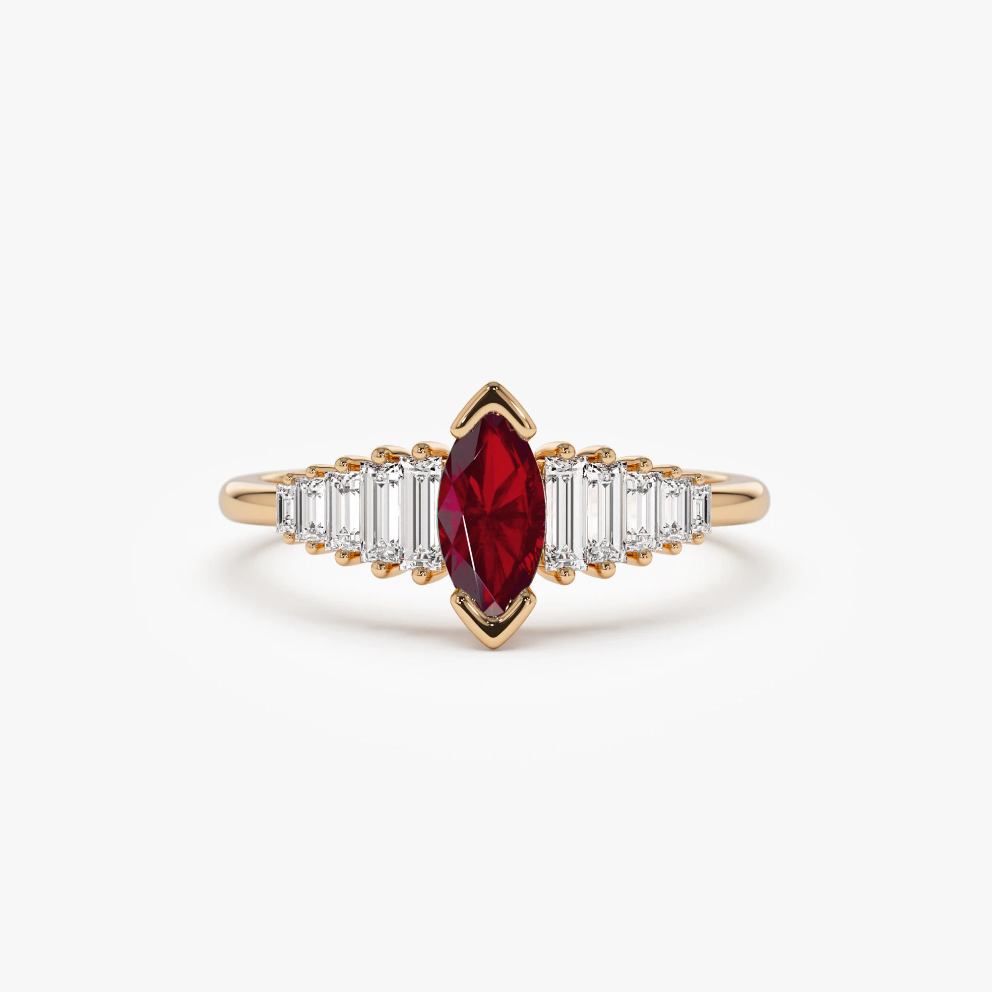 14k Gold Marquise Shape Ruby  Ring with Baguette Accents - Image 6