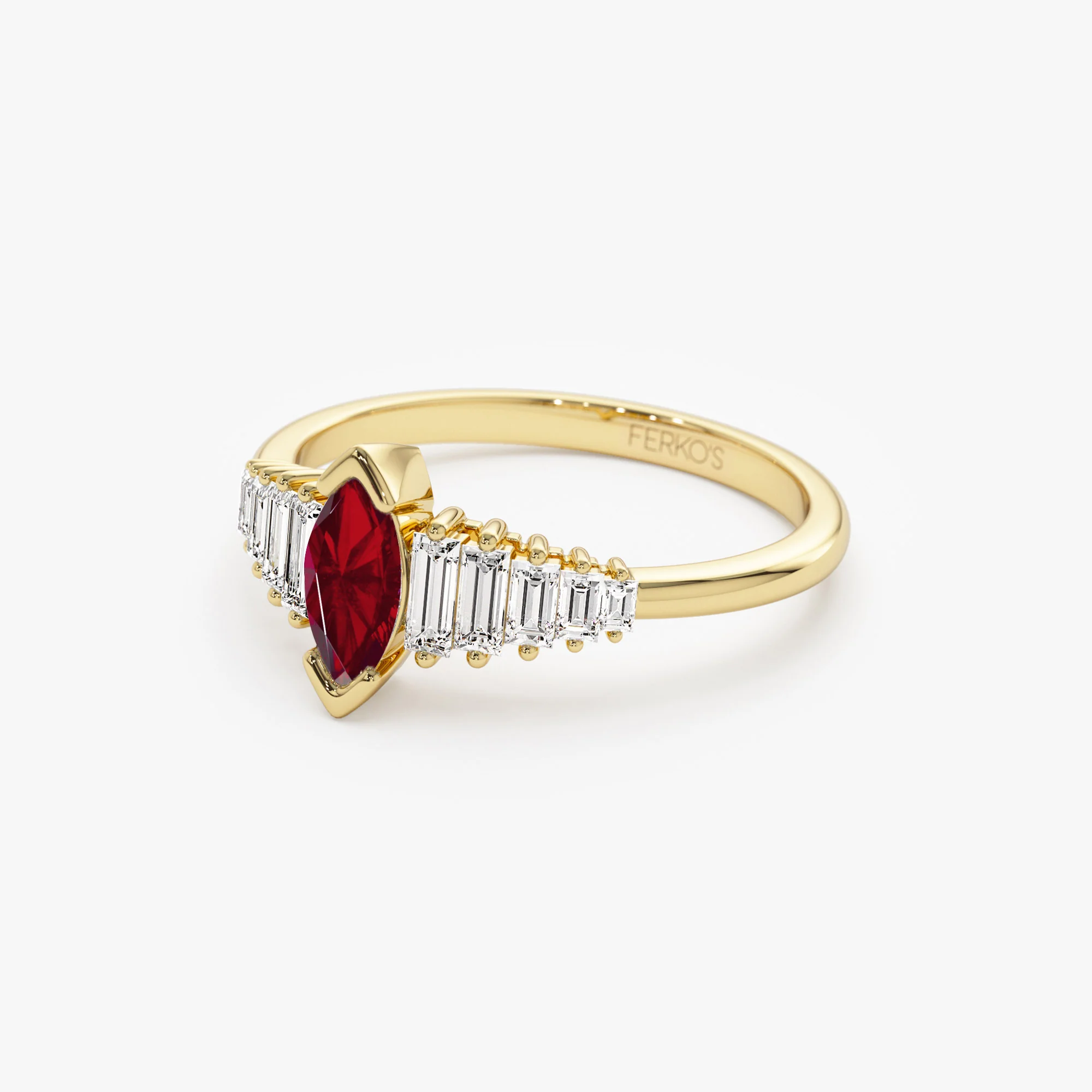14k Gold Marquise Shape Ruby  Ring with Baguette Accents - Image 7