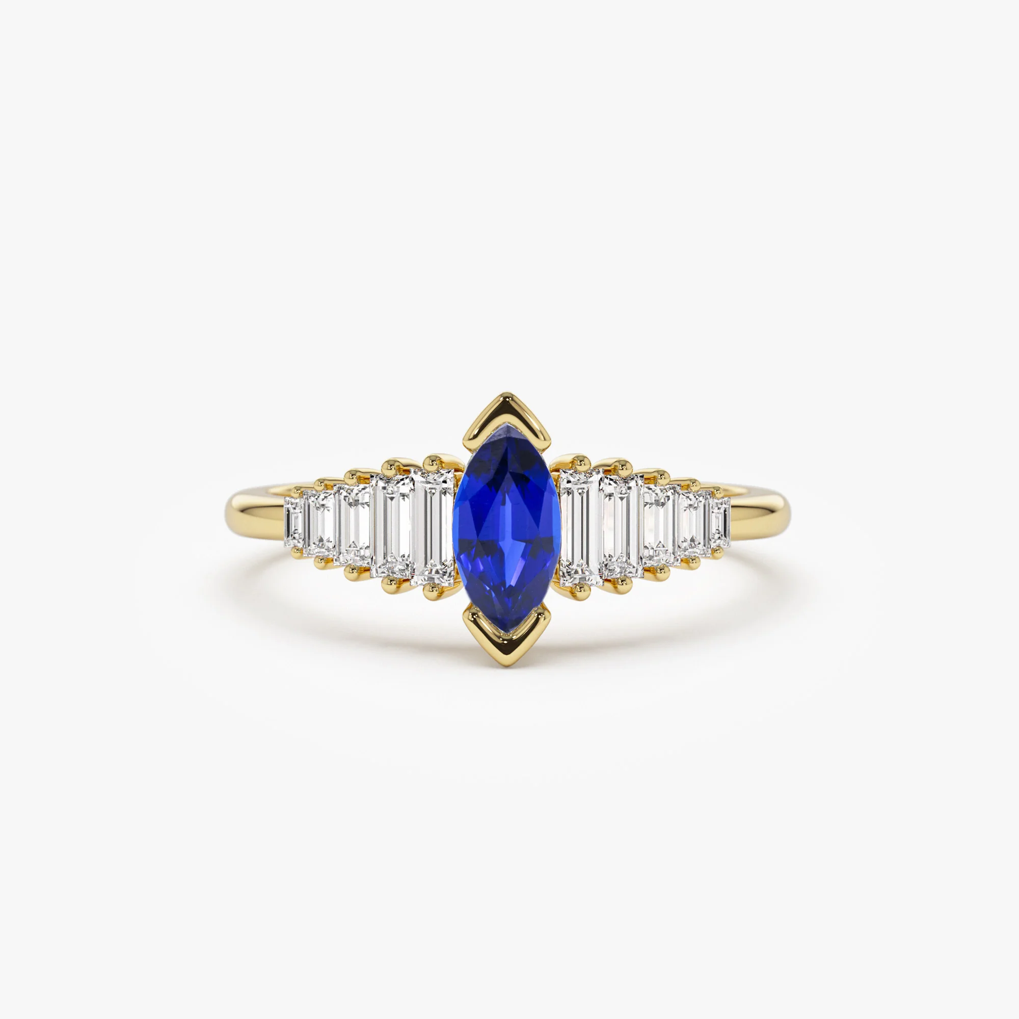 14k Gold Marquise Shape Sapphire Ring with Baguette Accents
