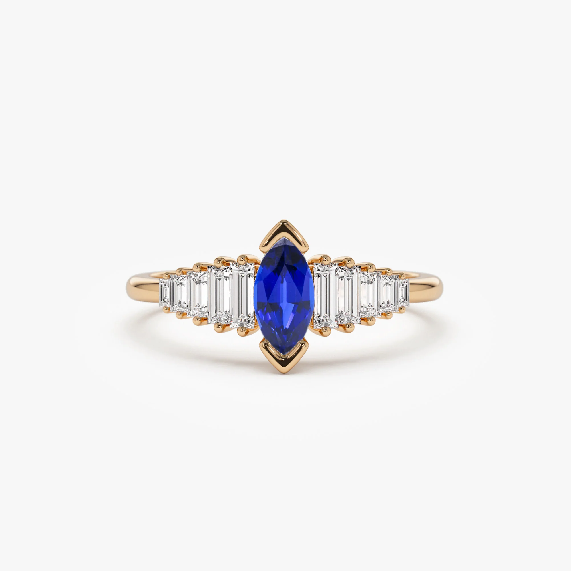 14k Gold Marquise Shape Sapphire Ring with Baguette Accents - Image 4