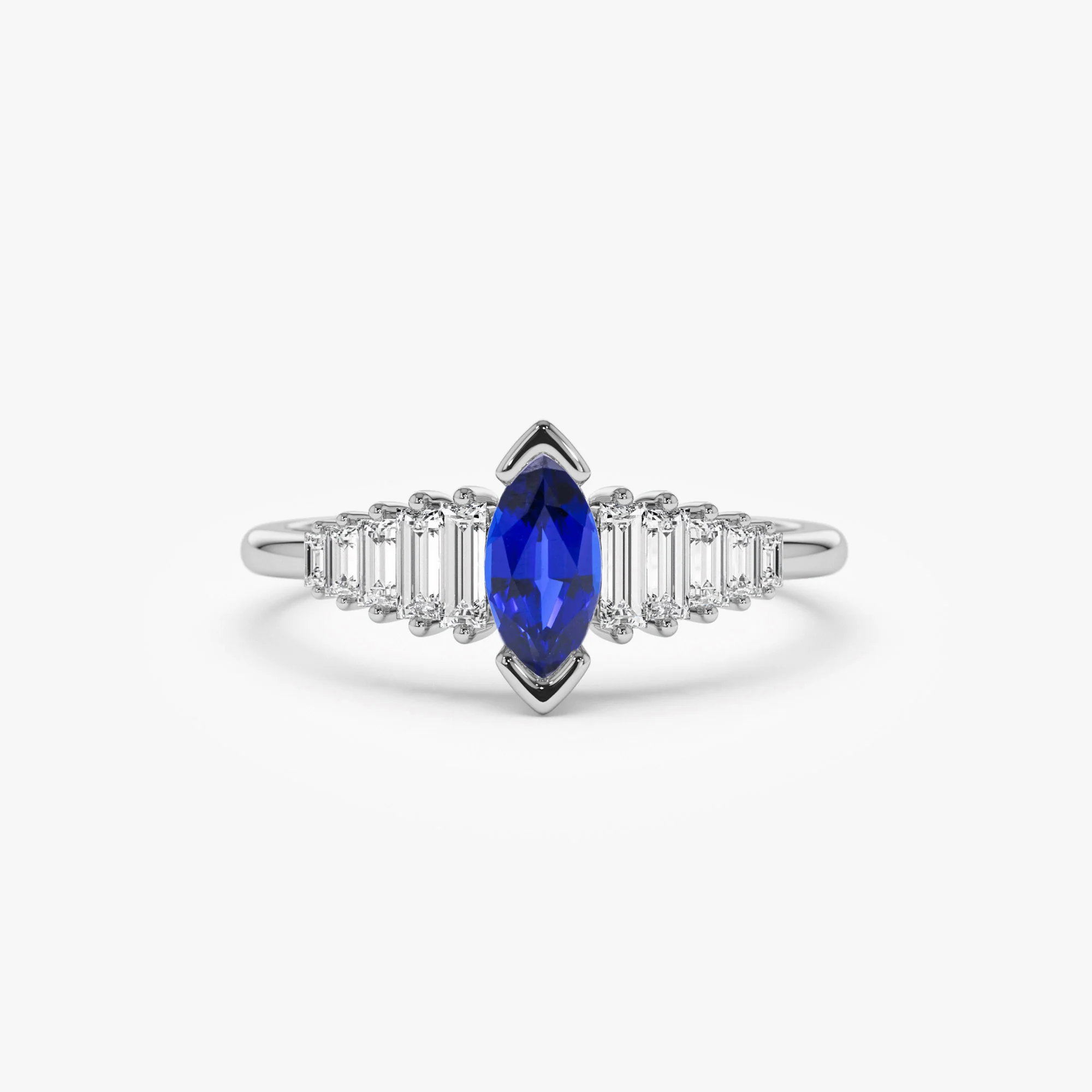 14k Gold Marquise Shape Sapphire Ring with Baguette Accents - Image 5