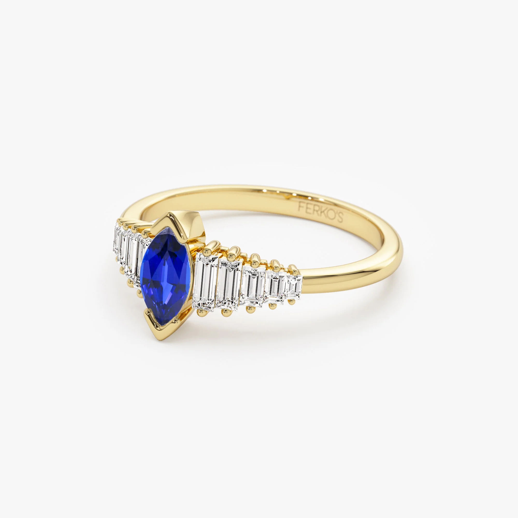 14k Gold Marquise Shape Sapphire Ring with Baguette Accents - Image 6