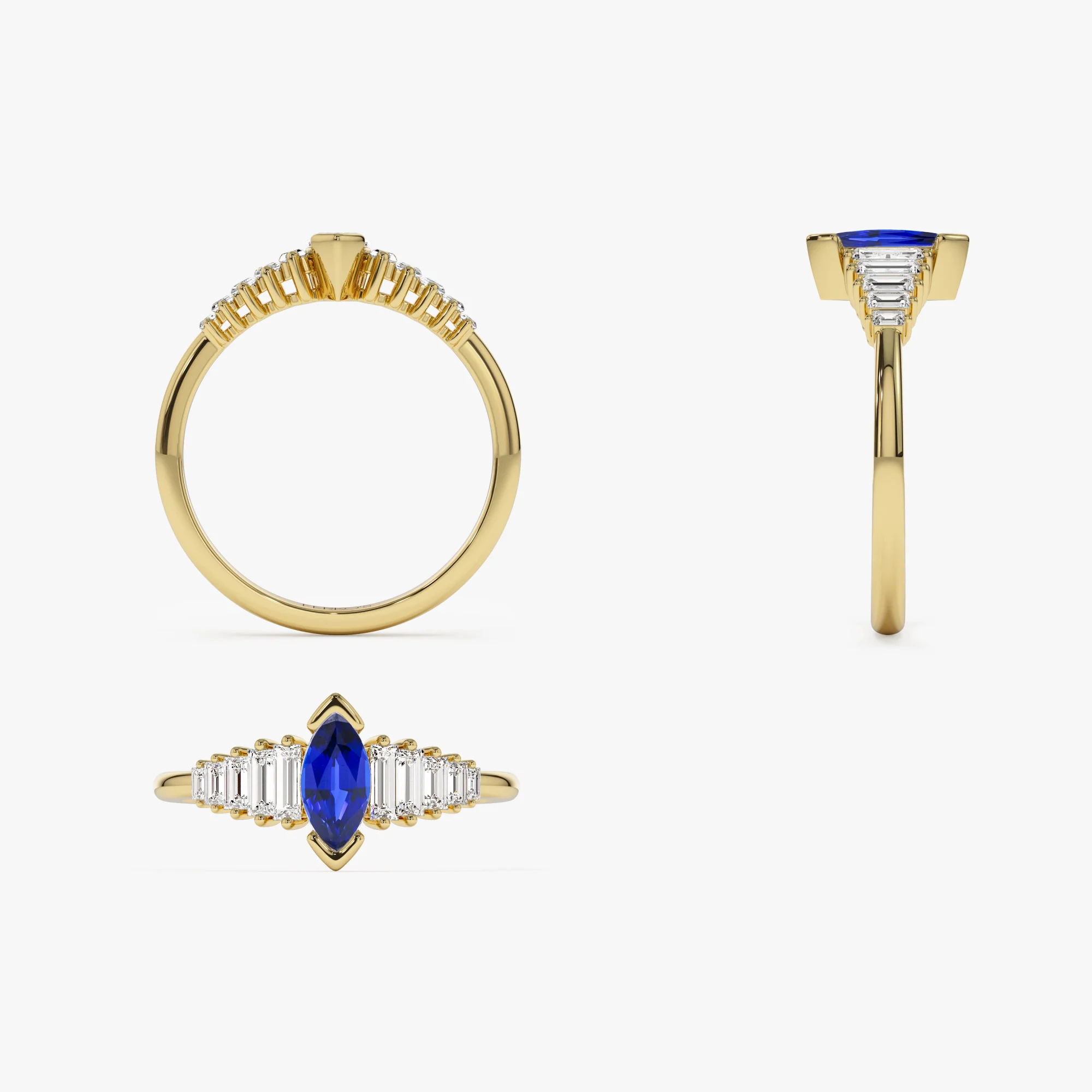 14k Gold Marquise Shape Sapphire Ring with Baguette Accents - Image 7