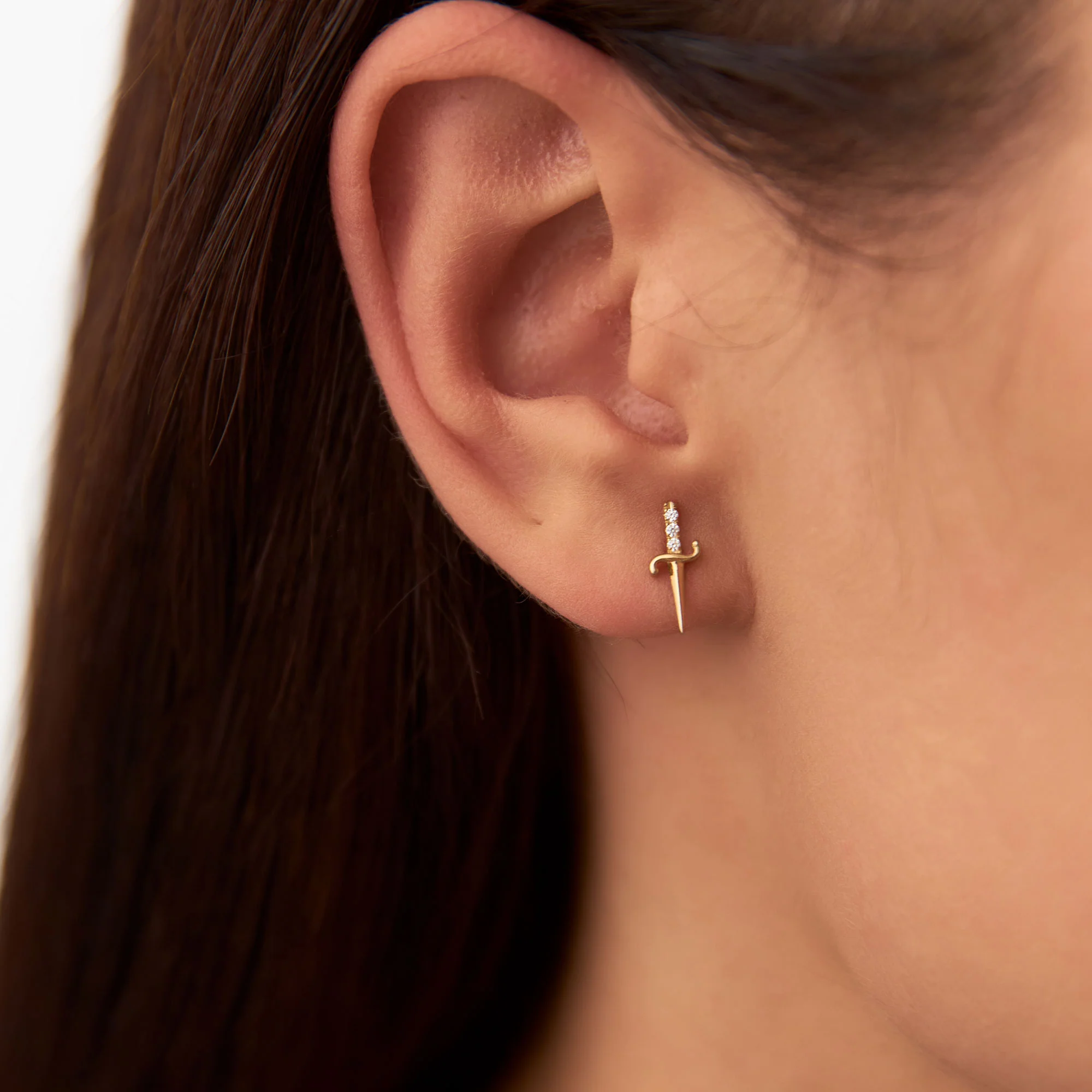 14k Gold Mini Sword Diamond Earrings - Image 2