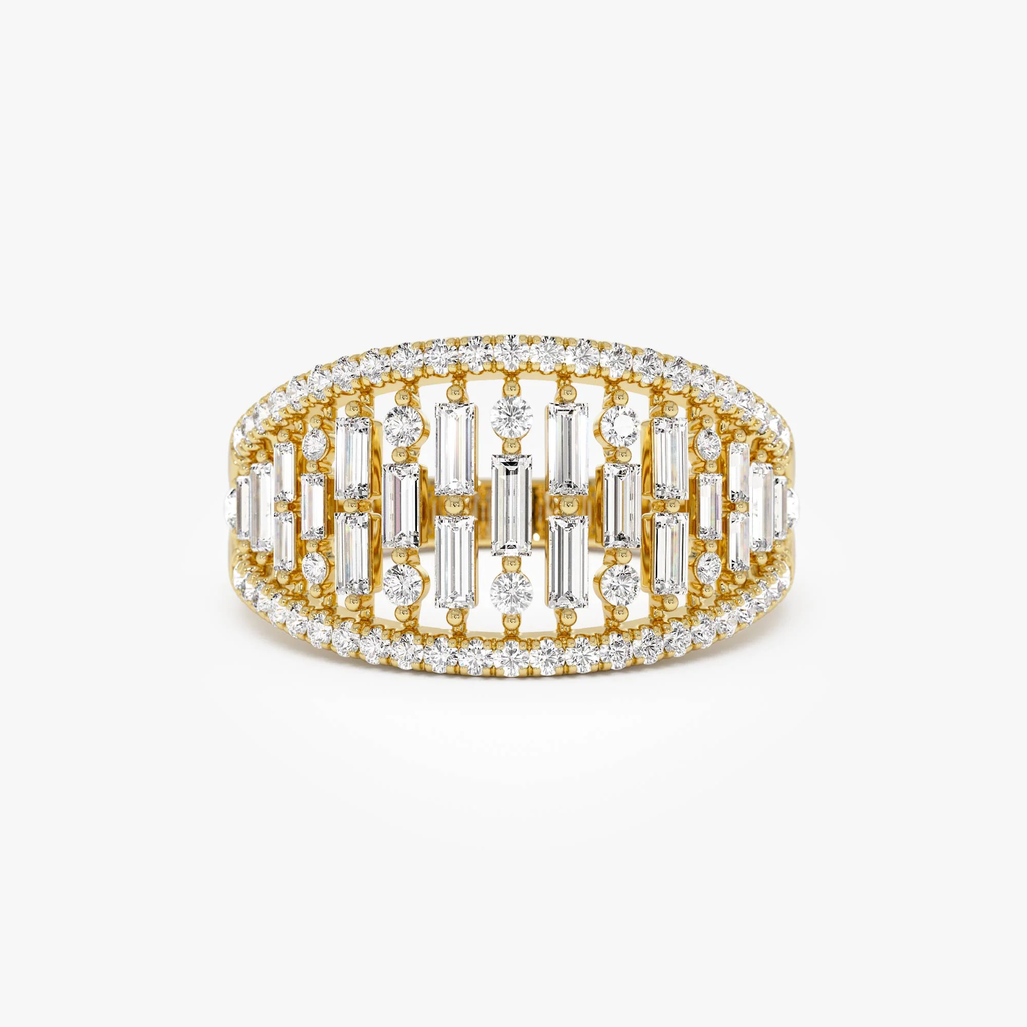 14k Gold Multi Row Baguette Diamond Statement Ring
