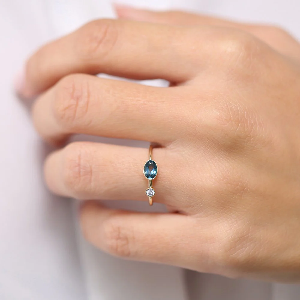 14k Gold Oval London Blue Topaz  and Diamond Ring - Image 4