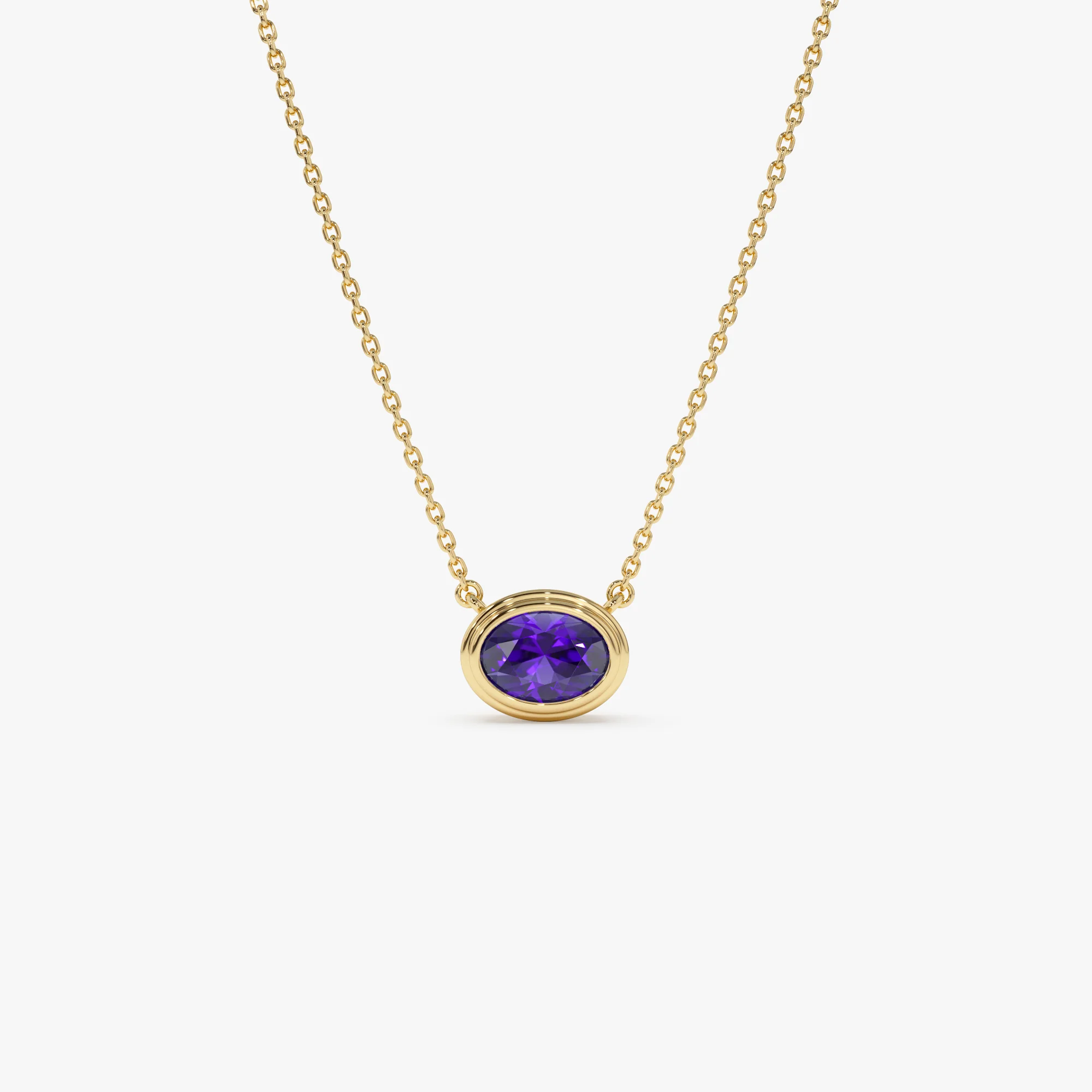 14K Gold Oval Shape Bezel Set Amethyst Necklace