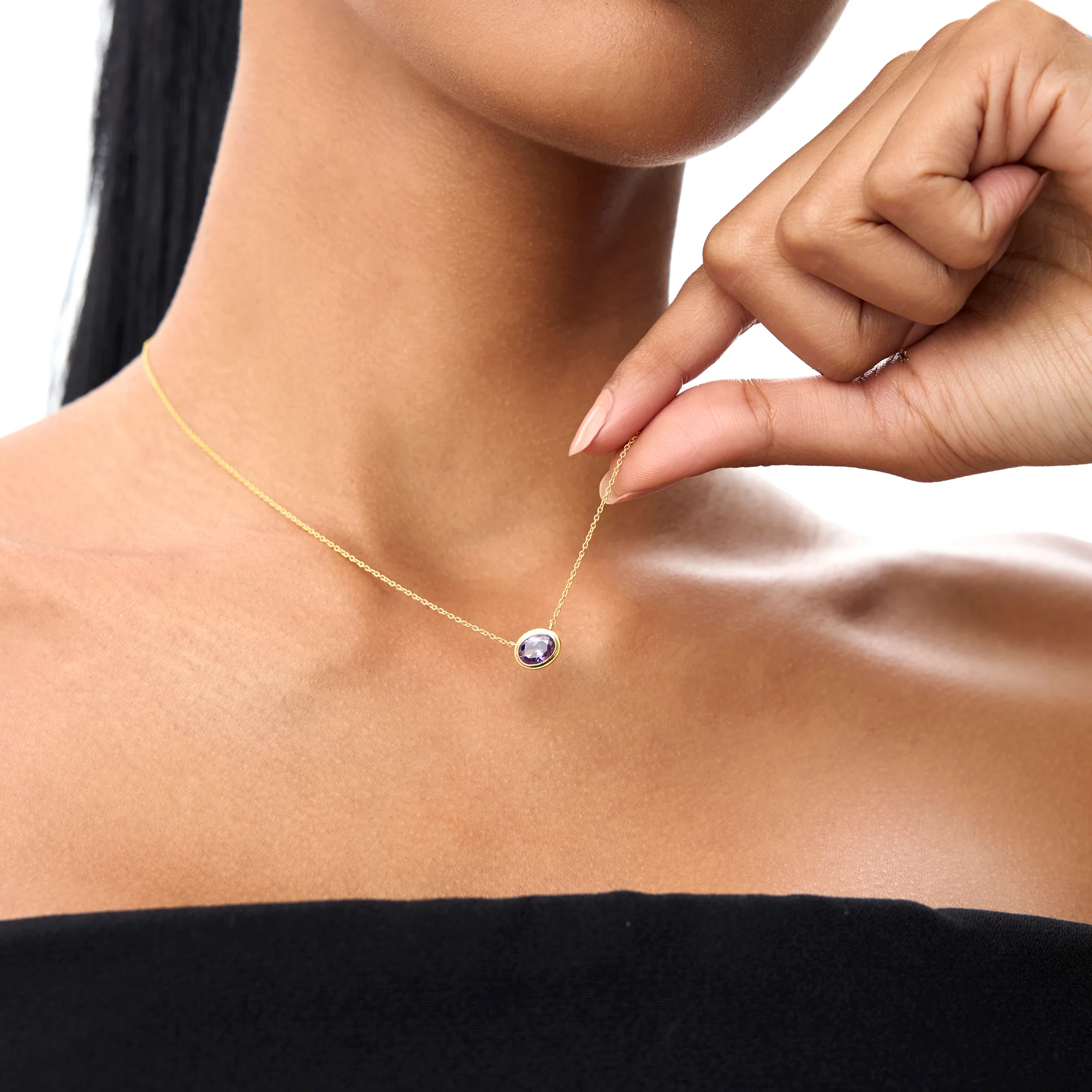 14K Gold Oval Shape Bezel Set Amethyst Necklace - Image 3