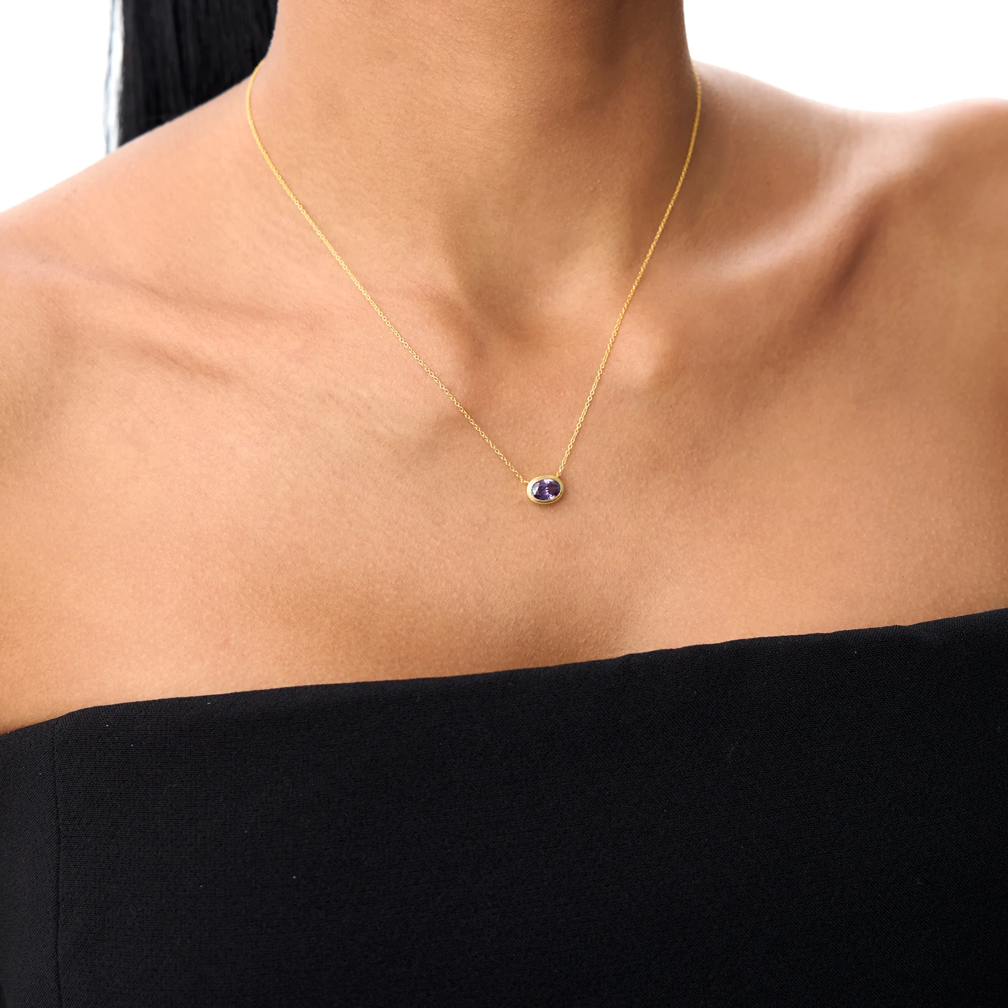 14K Gold Oval Shape Bezel Set Amethyst Necklace - Image 4