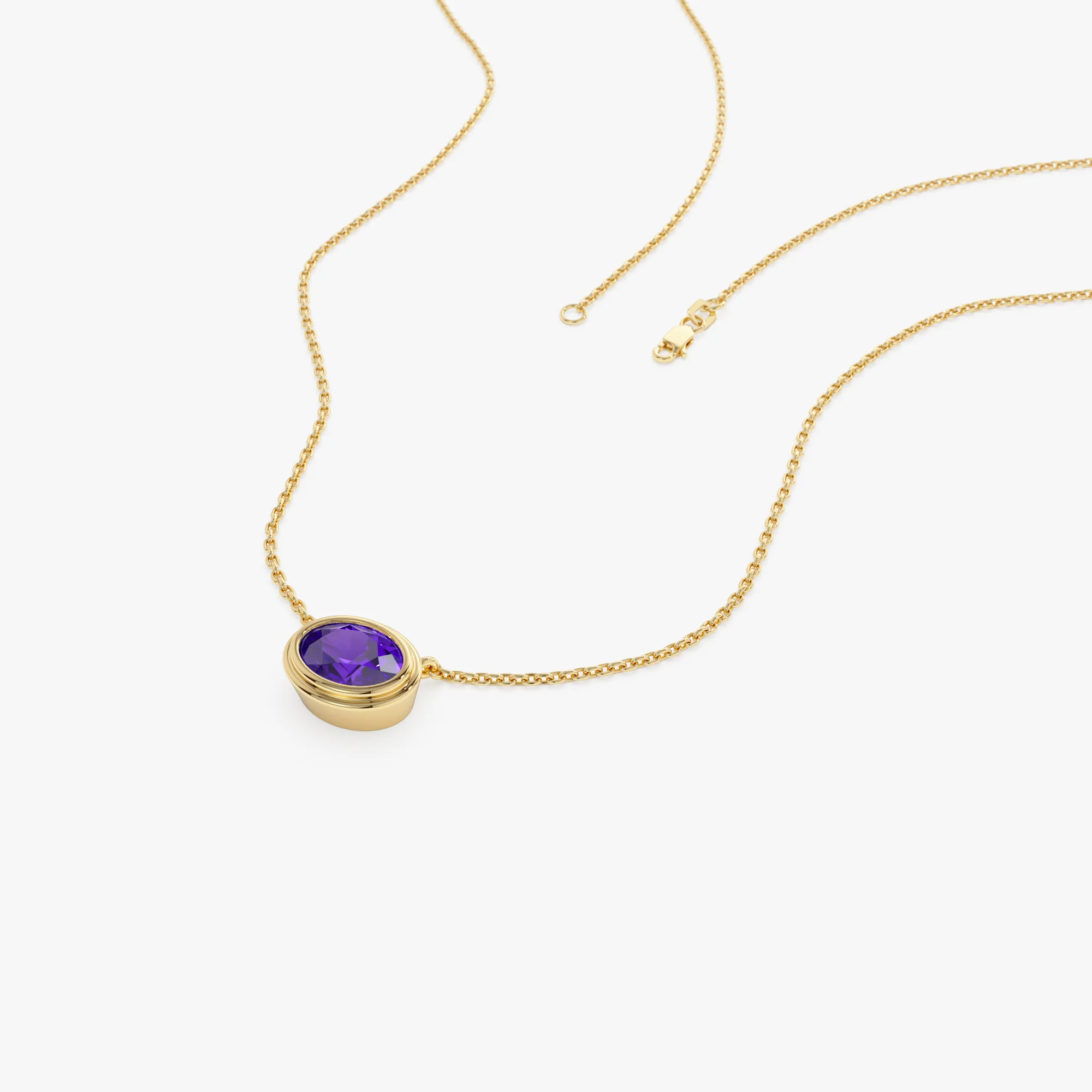 14K Gold Oval Shape Bezel Set Amethyst Necklace - Image 6