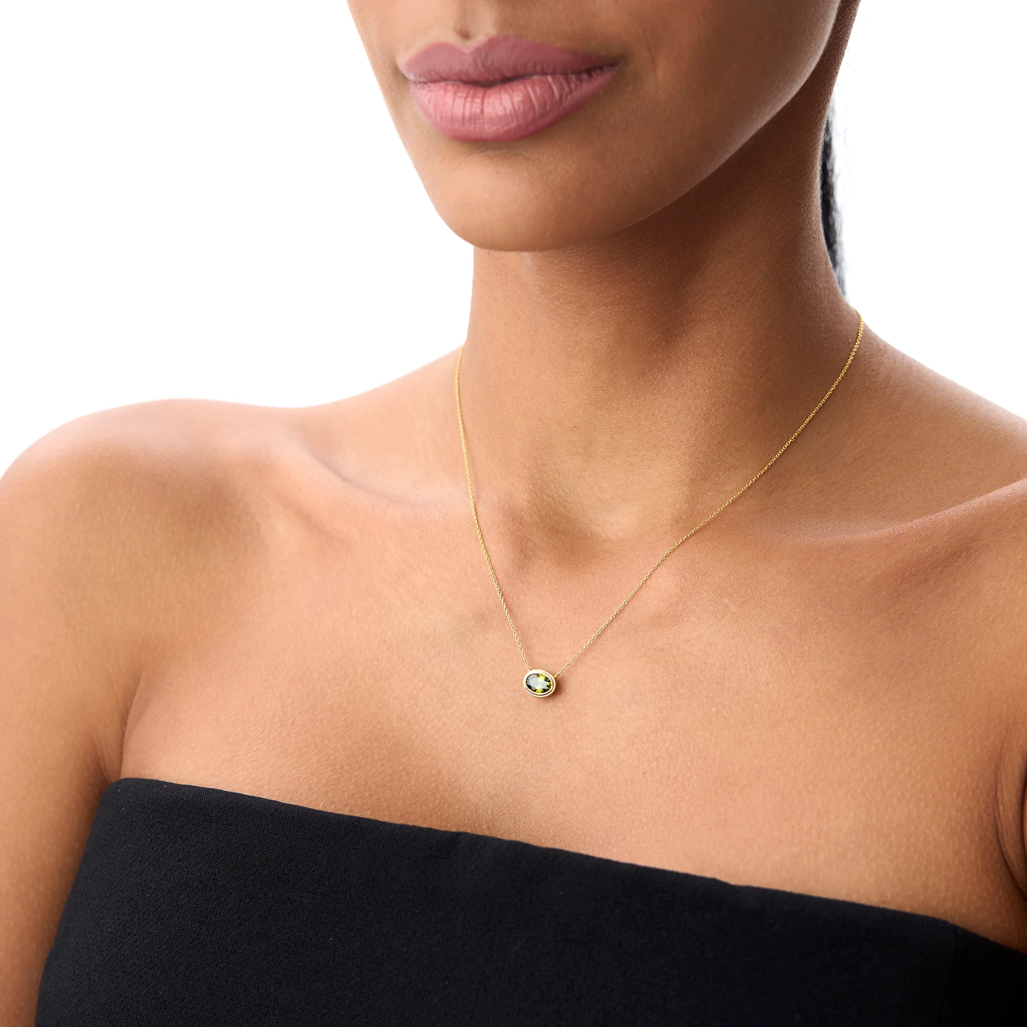 14K Gold Oval Shape Bezel Set Peridot Necklace - Image 4