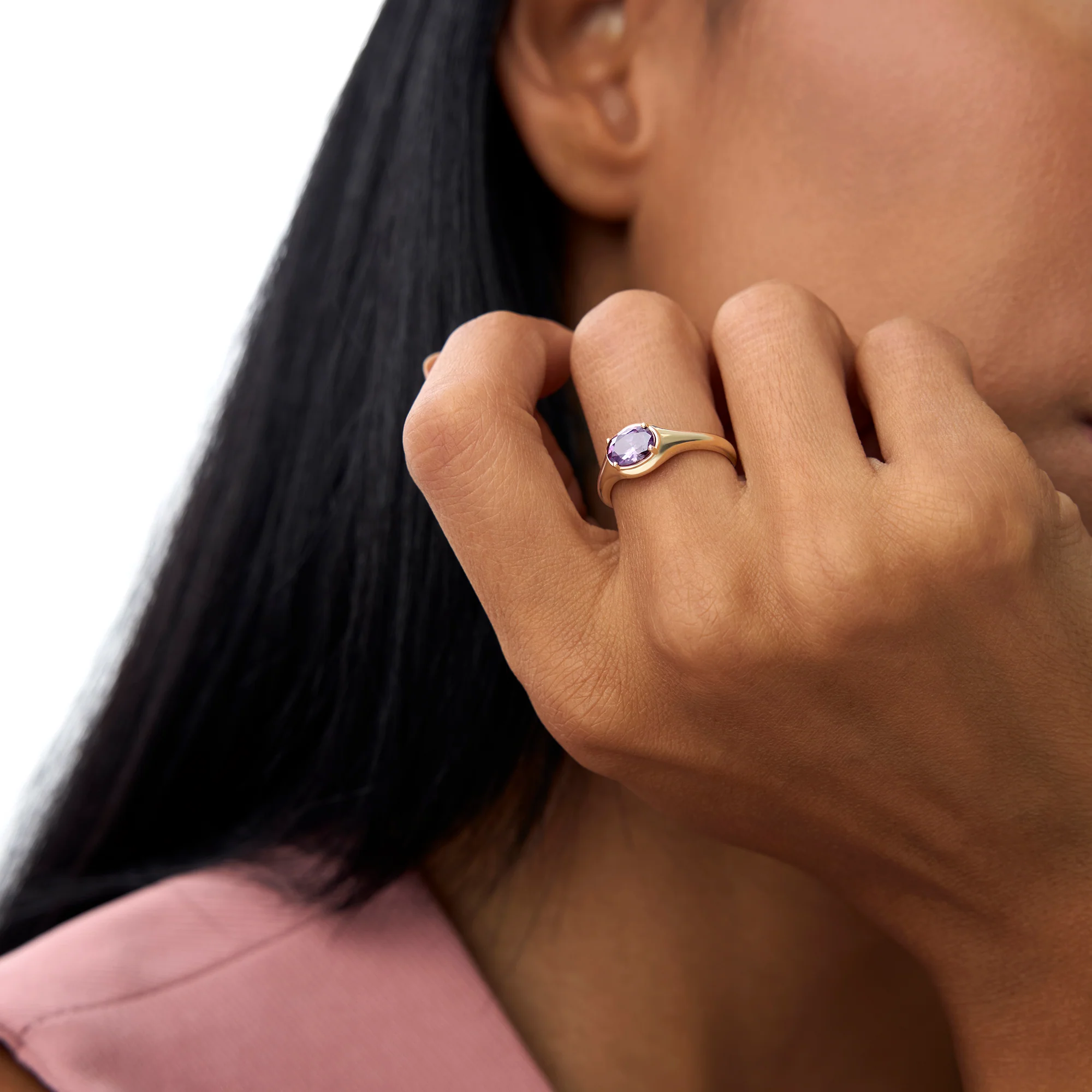 14K Oval Shape Prong Setting Amethyst Ring - Image 4