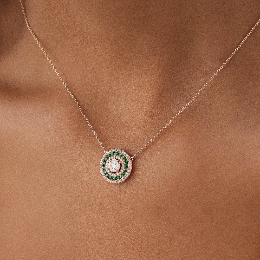 14K Gold Round Diamond Emerald Necklace - Image 2
