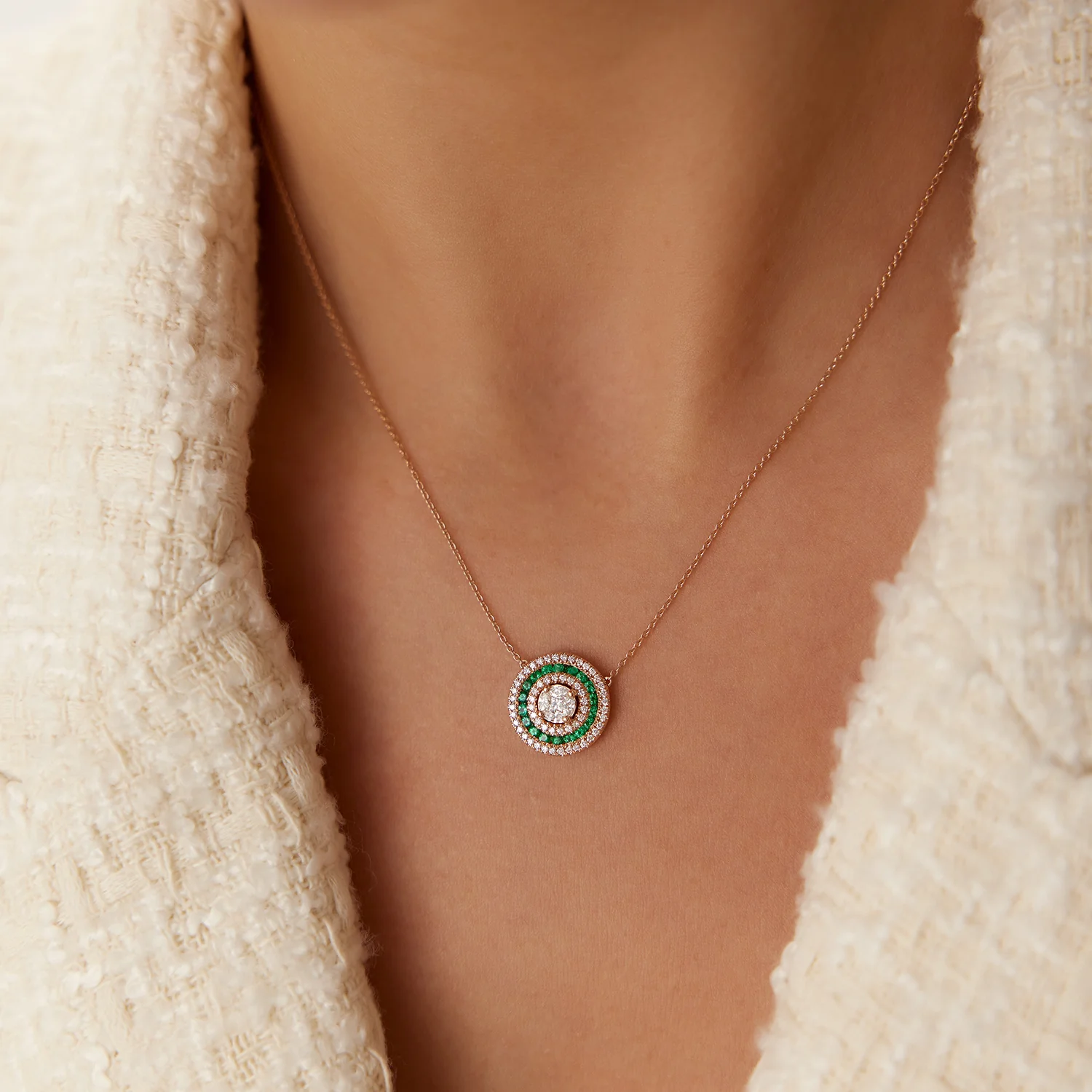 14K Gold Round Diamond Emerald Necklace - Image 4