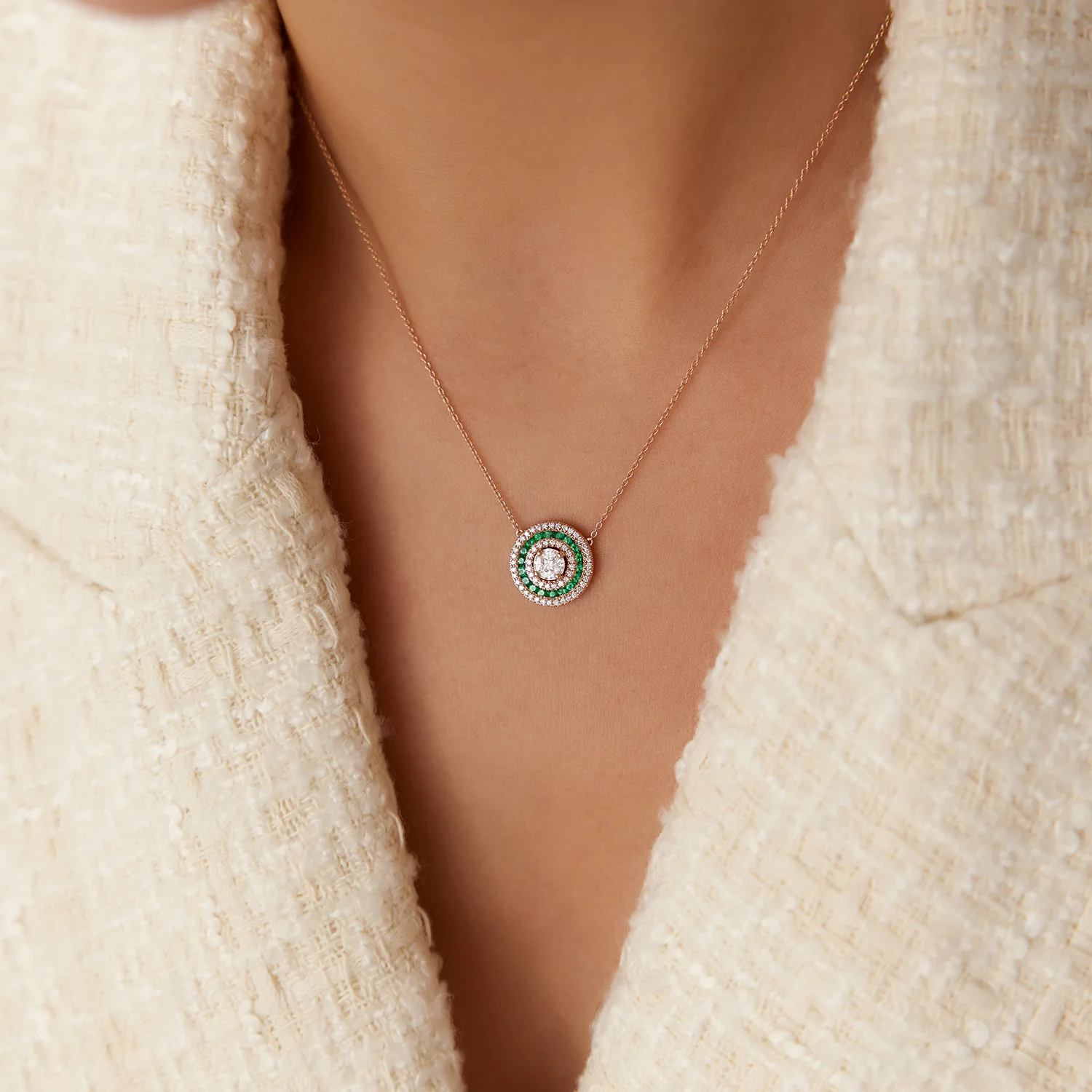 14K Gold Round Diamond Emerald Necklace - Image 5