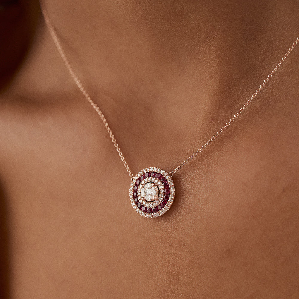 14K Gold Round Diamond Ruby Necklace - Image 2
