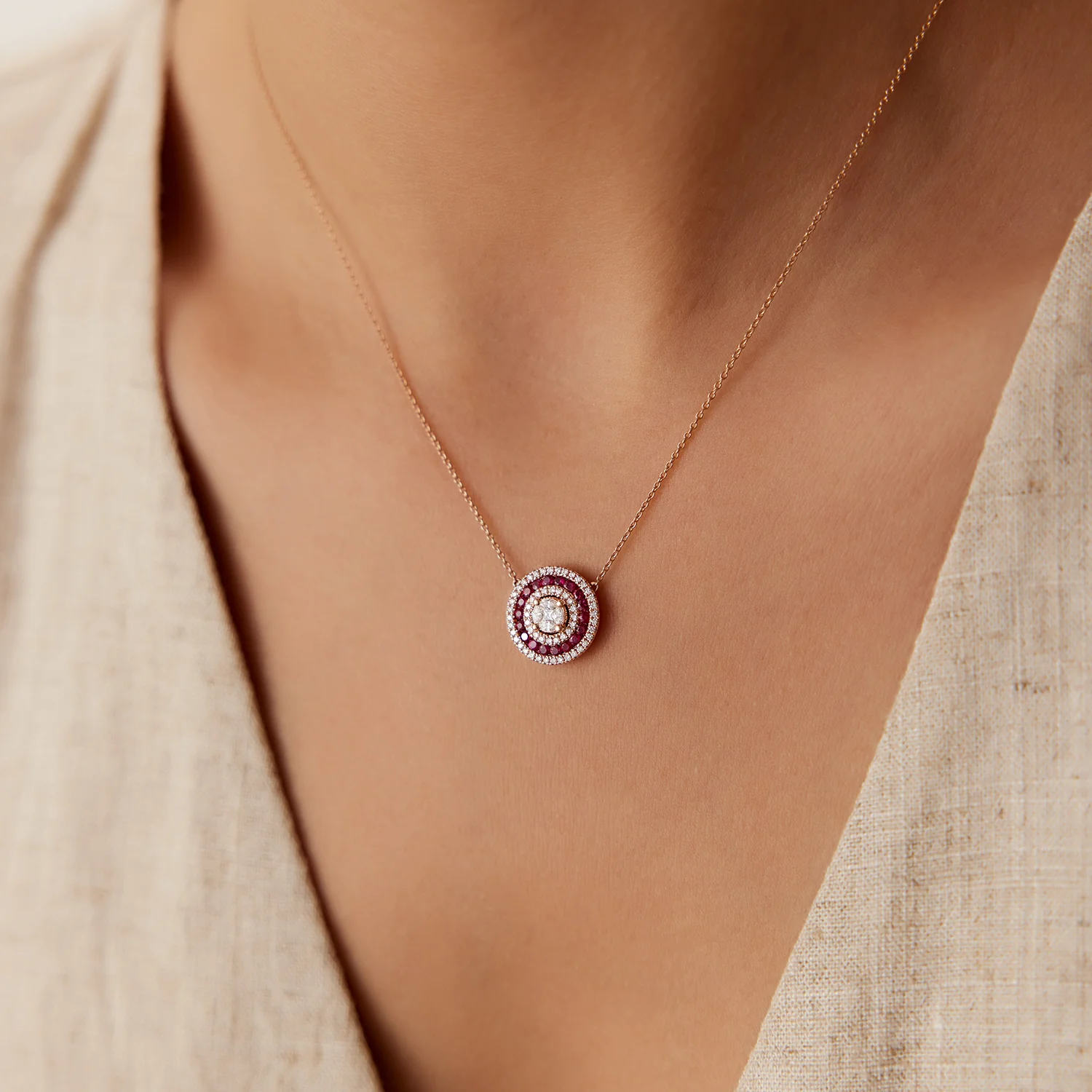 14K Gold Round Diamond Ruby Necklace - Image 4