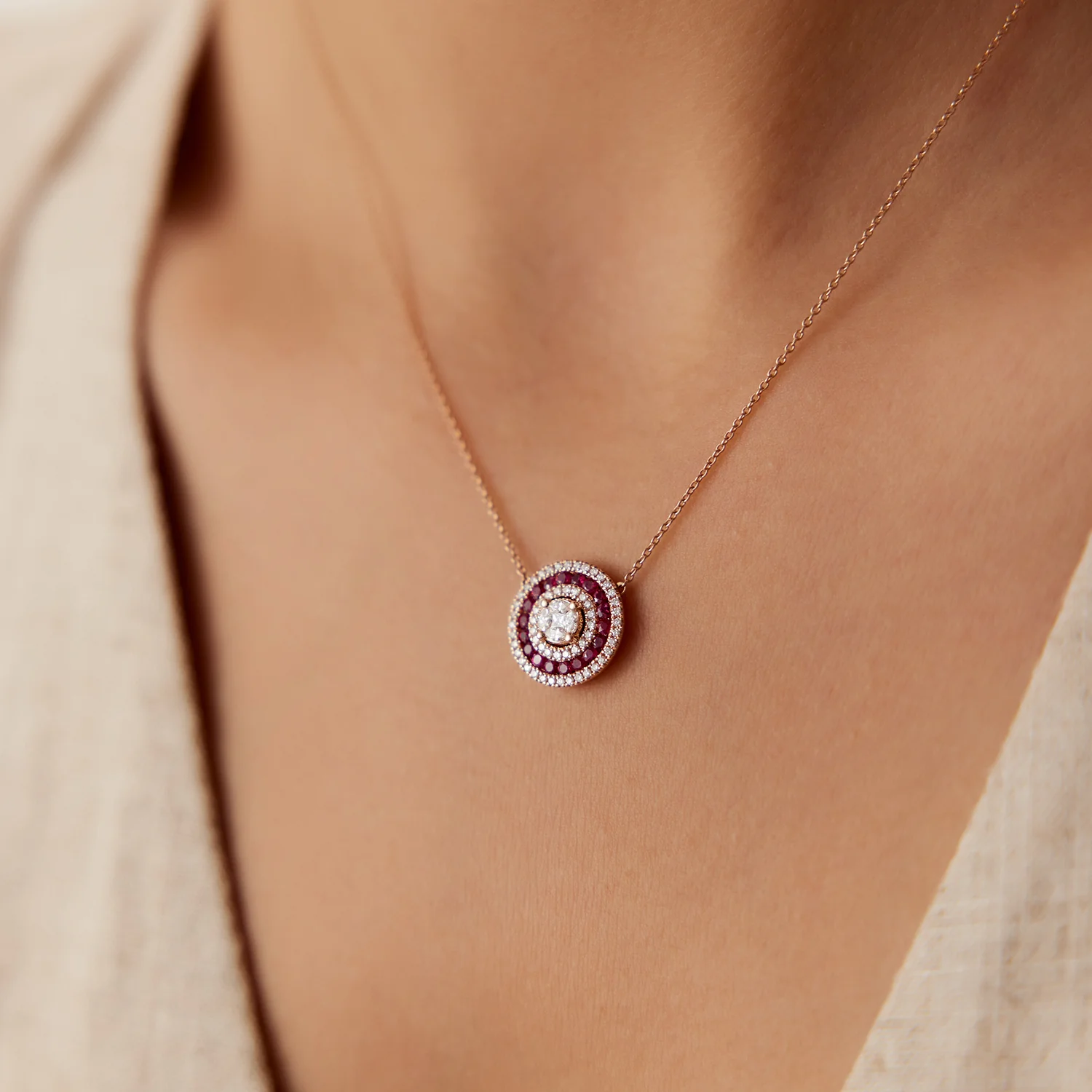 14K Gold Round Diamond Ruby Necklace - Image 5