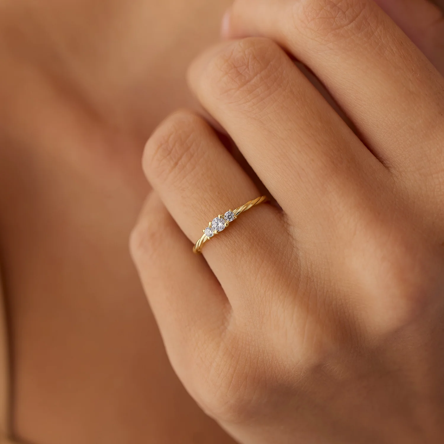 14k Gold Three Stone Dainty Diamond Twisted Ring - Image 2