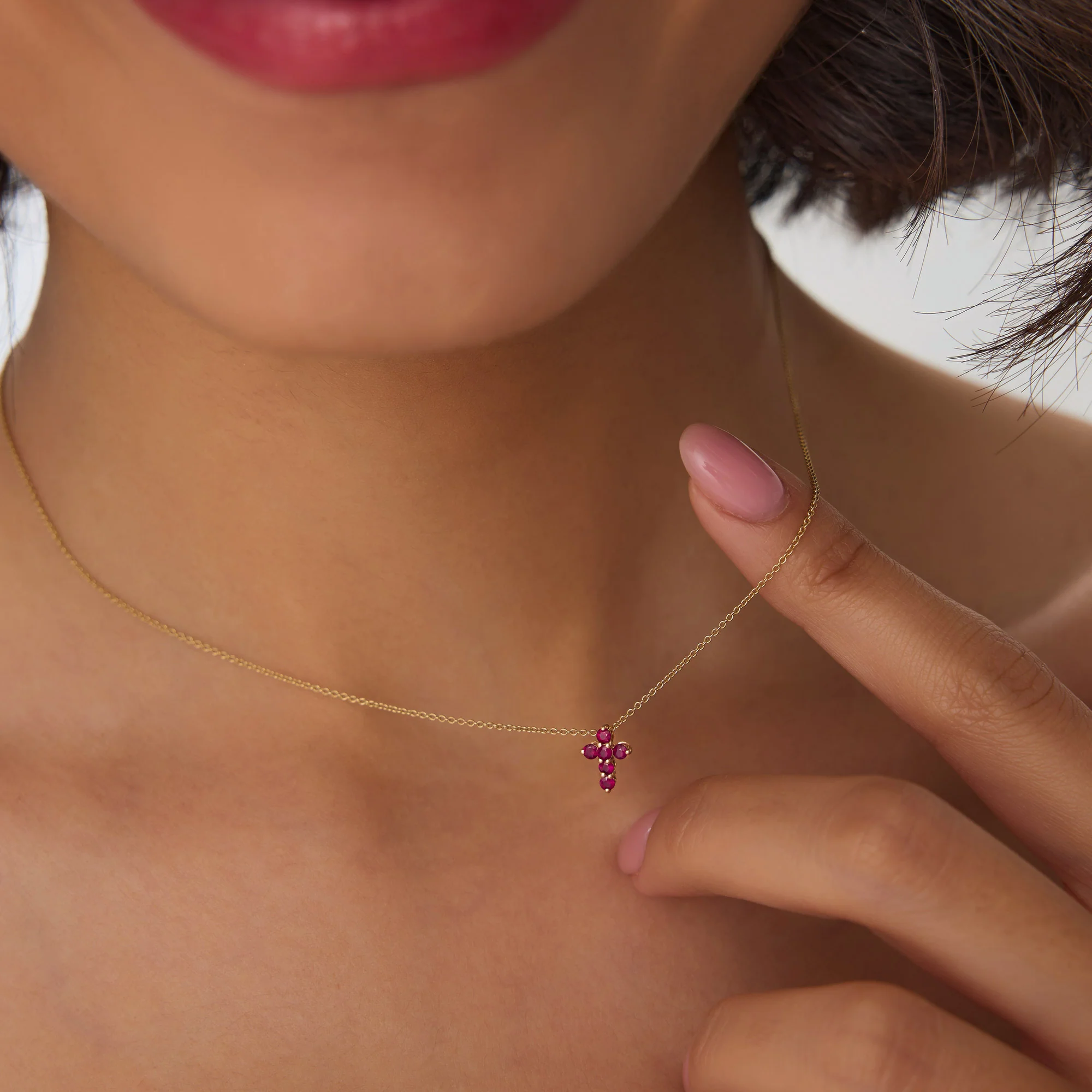 14K Tiny Ruby Cross Necklace - Image 2