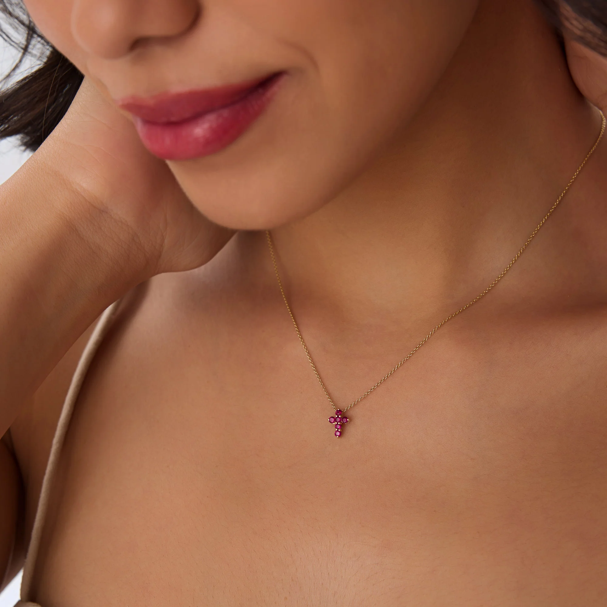 14K Tiny Ruby Cross Necklace - Image 3