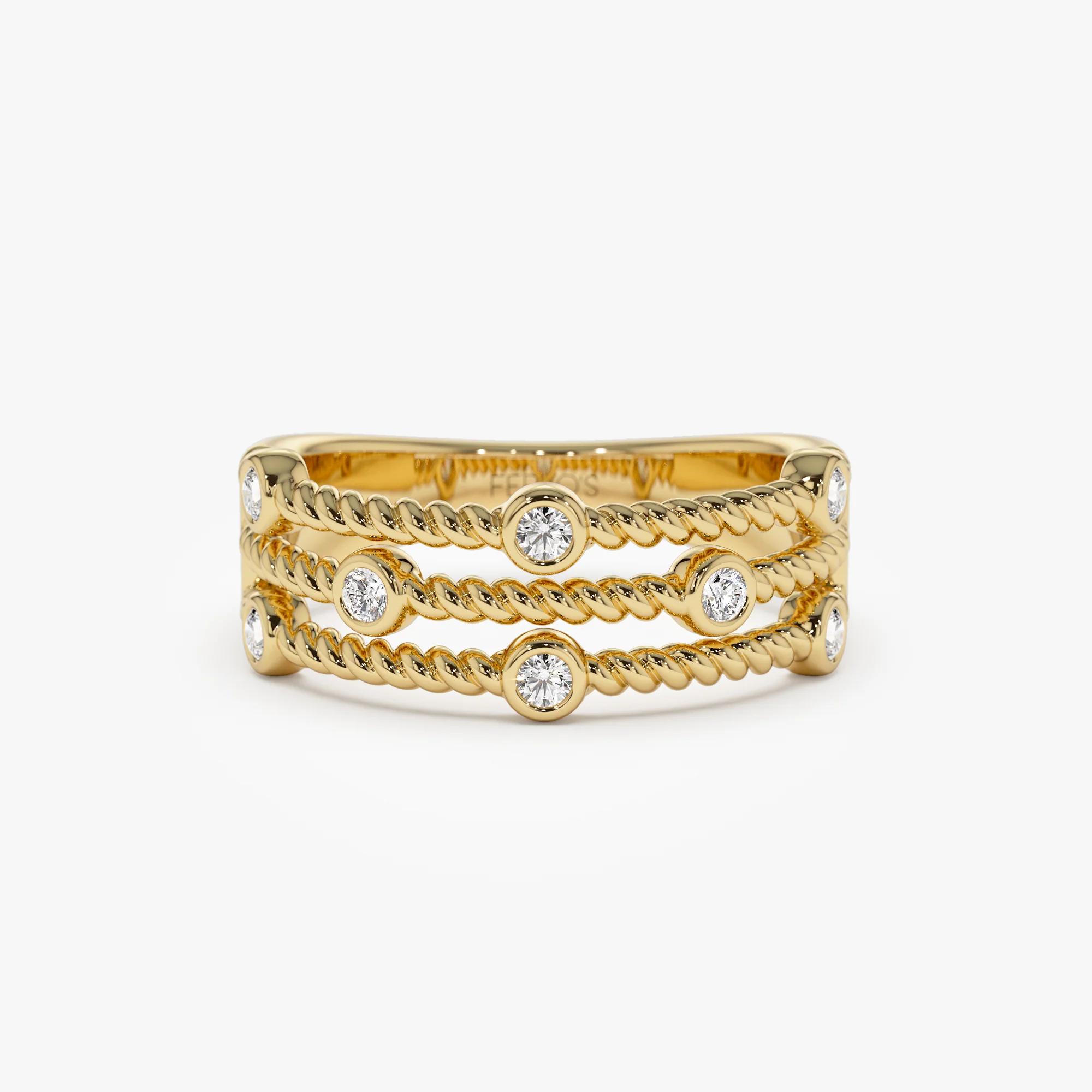 14K Gold Twisted Rope Triple Diamond Ring