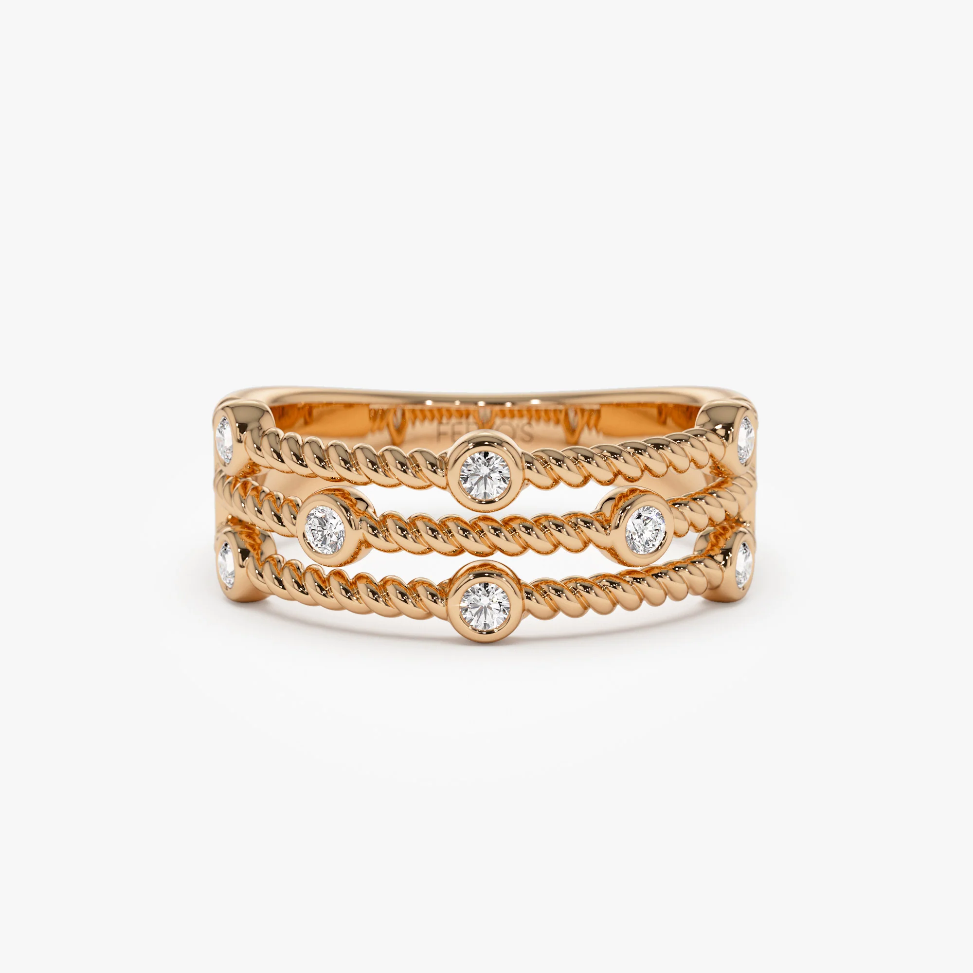 14K Gold Twisted Rope Triple Diamond Ring - Image 10