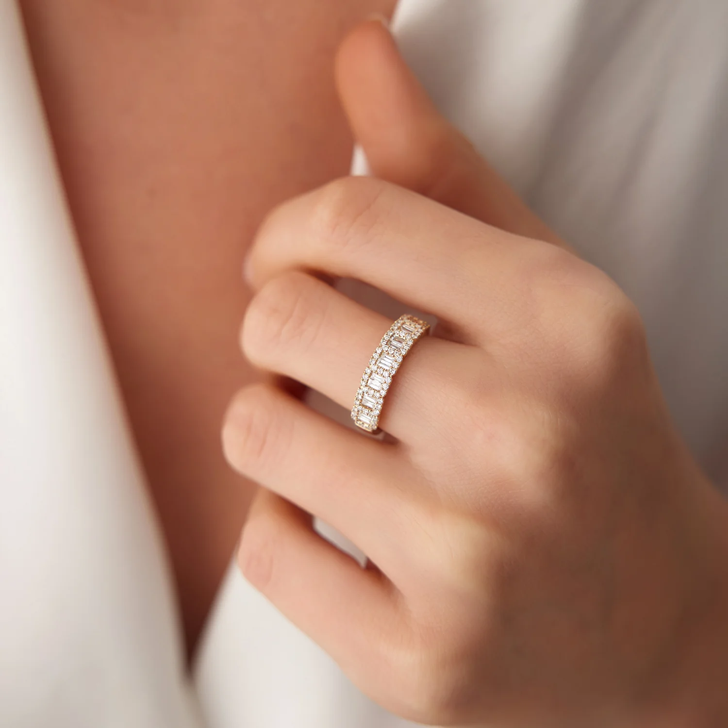 14K Gold Unique Baguette and Round Diamond Anniversary Ring - Image 3