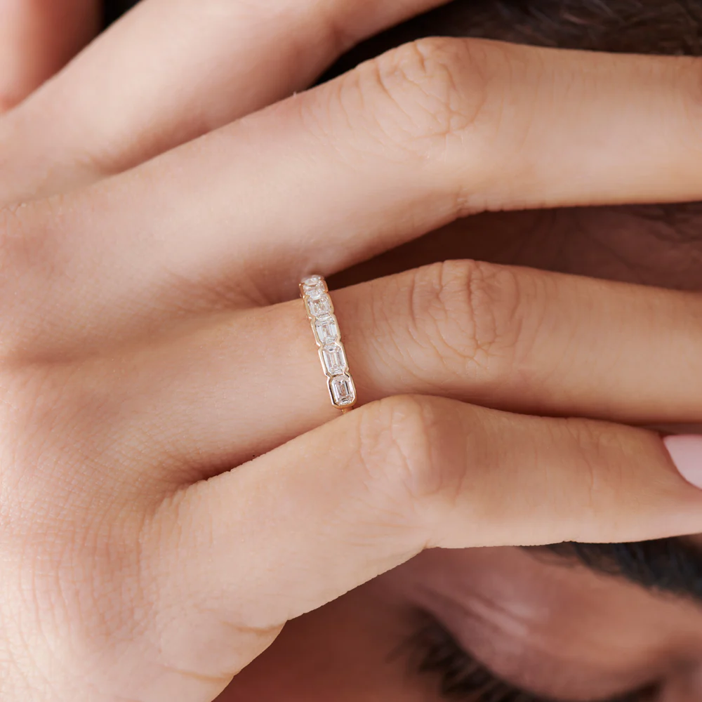 14k Half Bezel Emerald Cut Diamond Wedding Band 0.75 ctw - Image 3